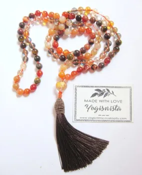 108 Beads in Orange Carnelian, Smoky Quartz, Aura Quartz, Peach Moonstone Mala Necklace