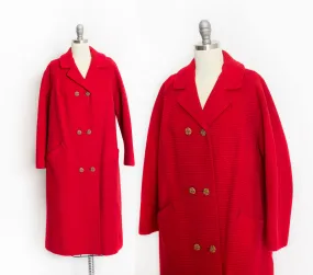 1960s Coat Red Wool Ribbed Rhinestone Buttons M / L