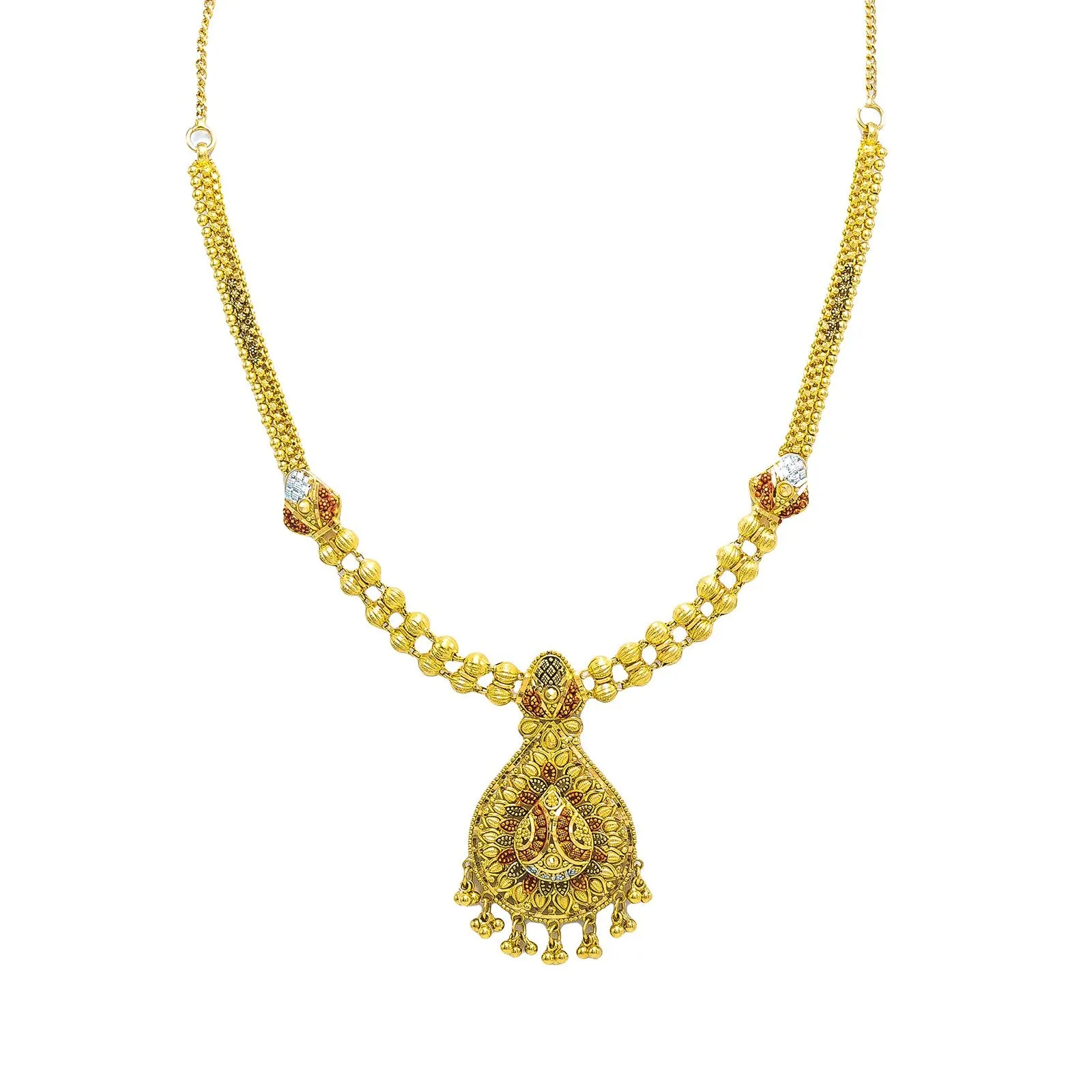 22K Multi Tone Gold Necklace & Earring Set W/ Meenakari Designs & Beaded Filigree Pear Pendants