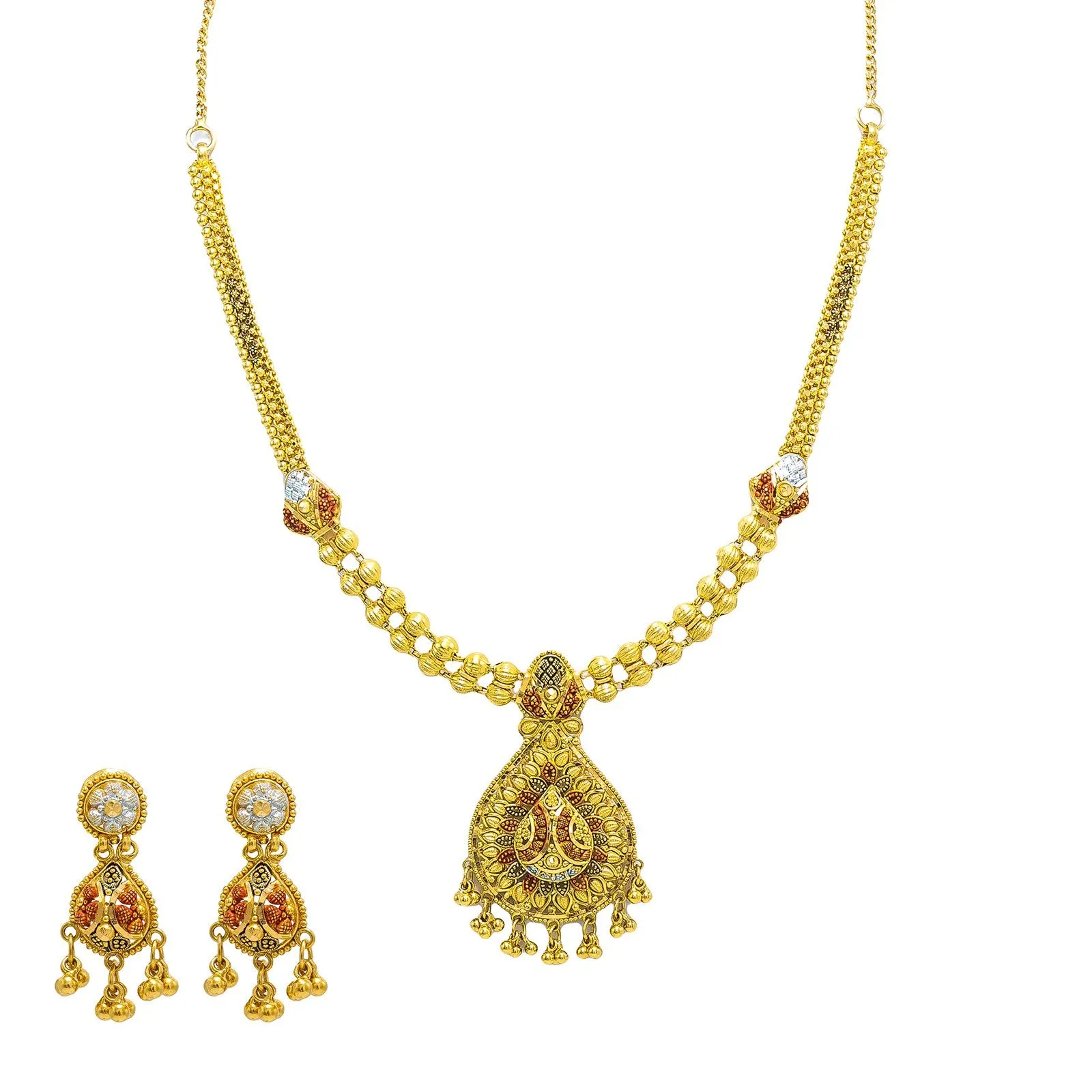 22K Multi Tone Gold Necklace & Earring Set W/ Meenakari Designs & Beaded Filigree Pear Pendants