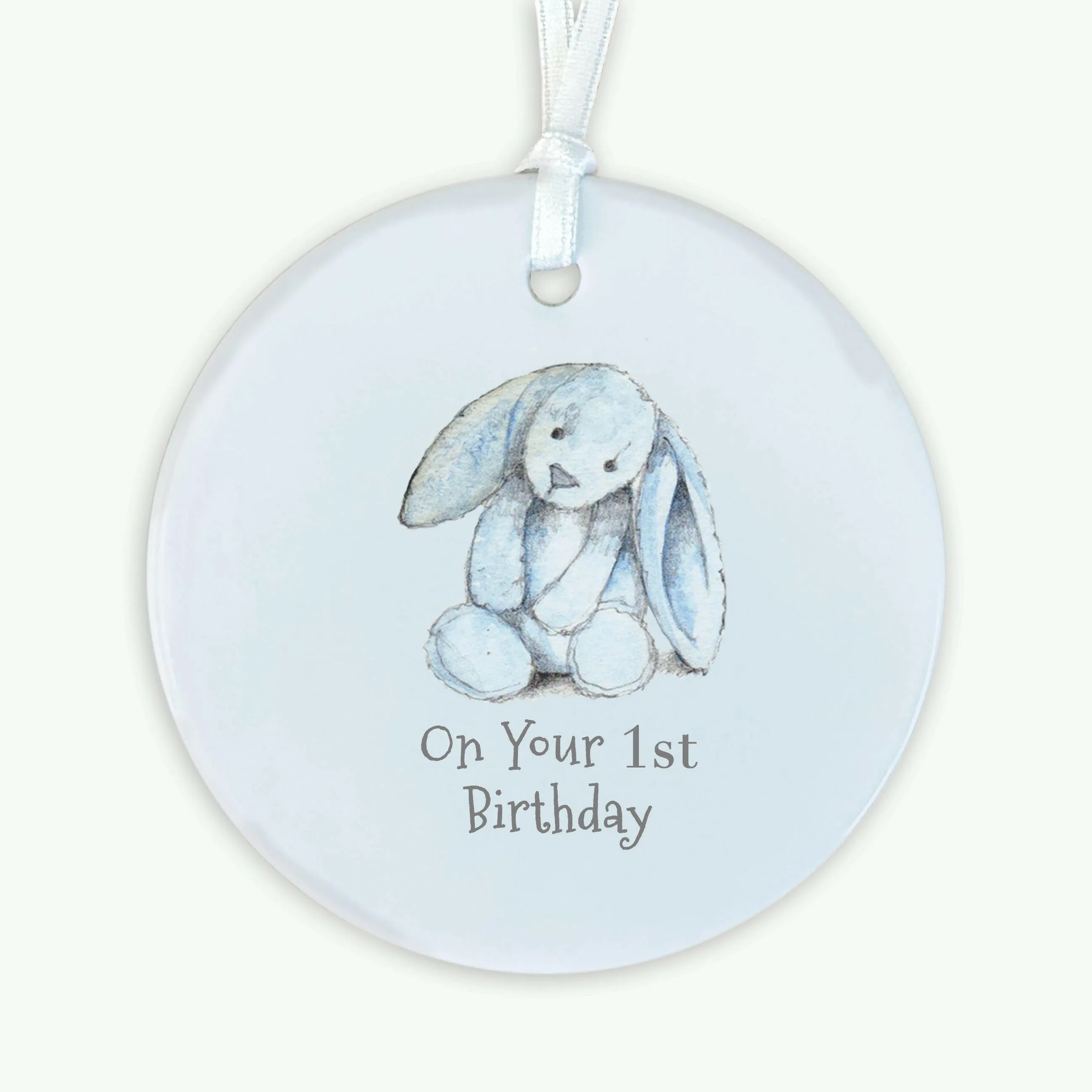 A6 Greeting Card with Ceramic Keepsake - Baby 1st Birthday Boy Bunny