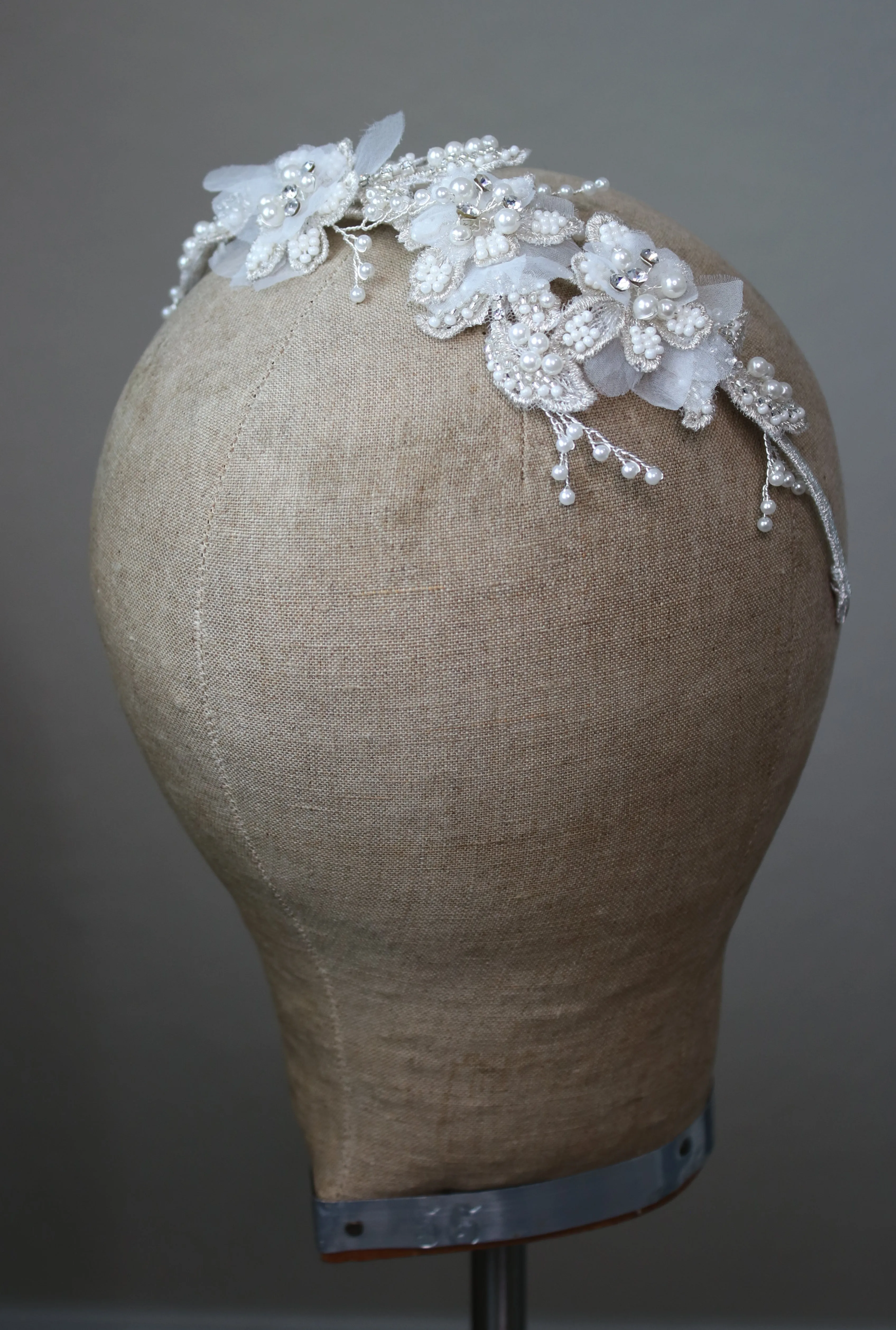 AMELIA Hand Beaded 3D Floral Bridal Headband Headpiece