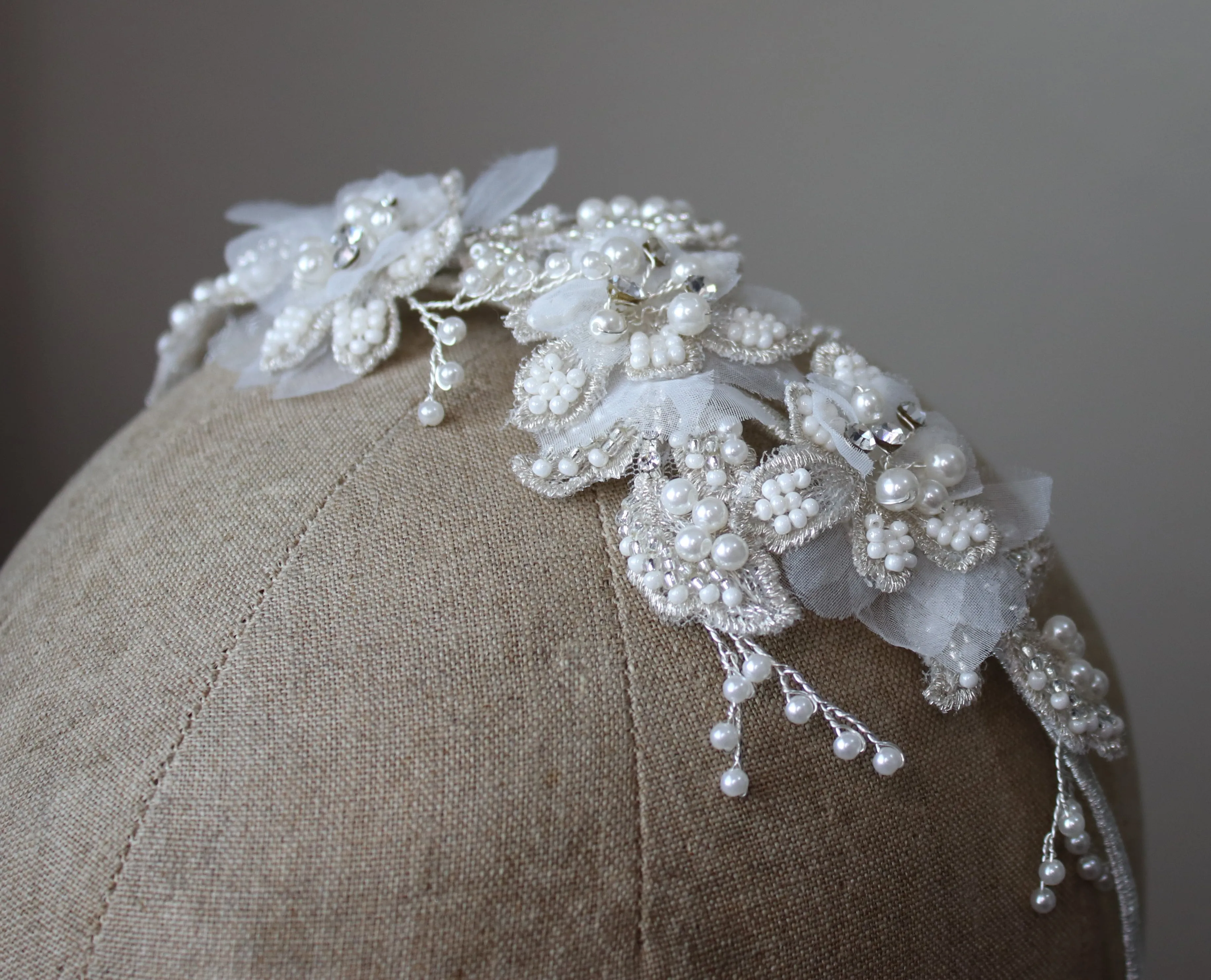 AMELIA Hand Beaded 3D Floral Bridal Headband Headpiece