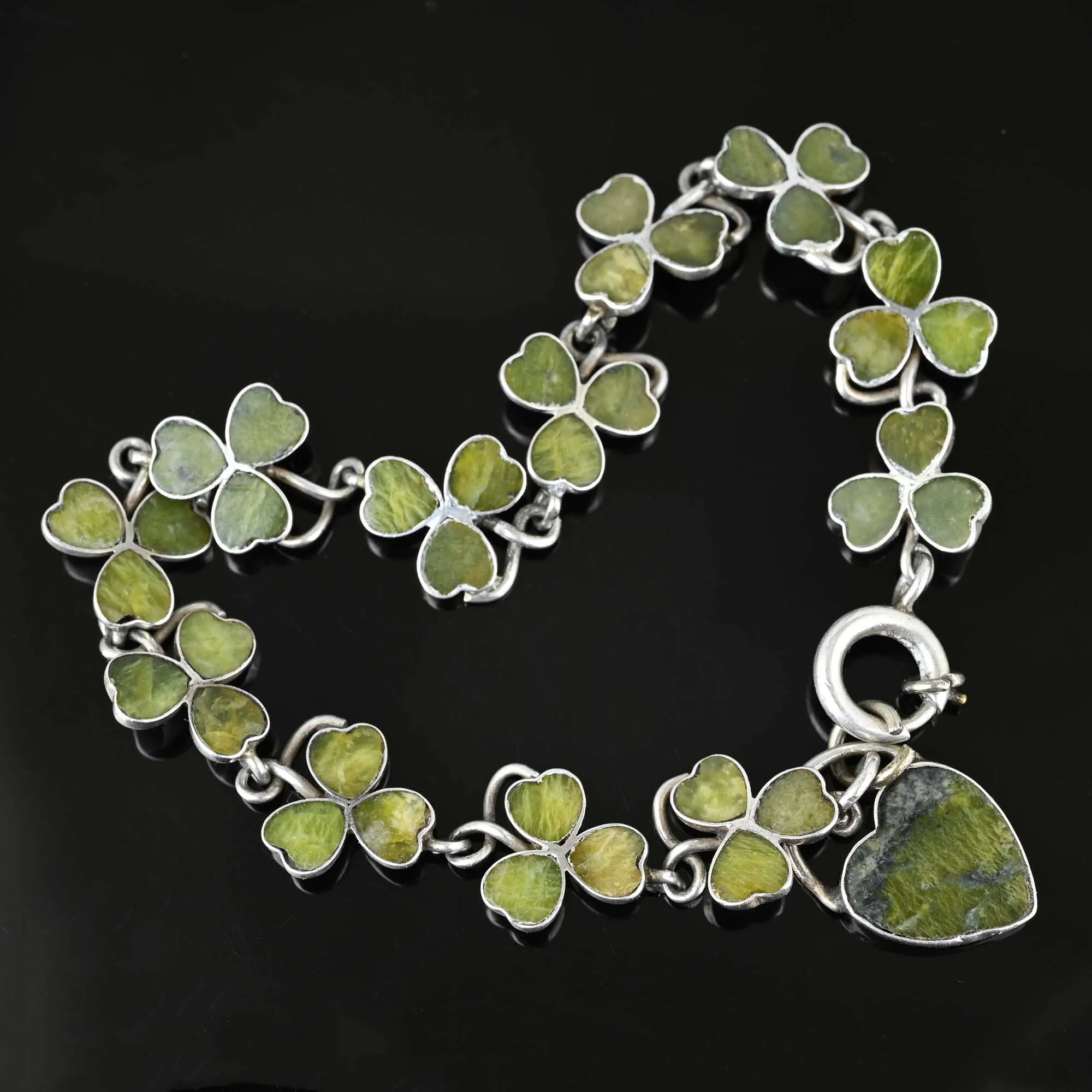 Antique Connemara Marble Shamrock Bracelet w Heart Padlock