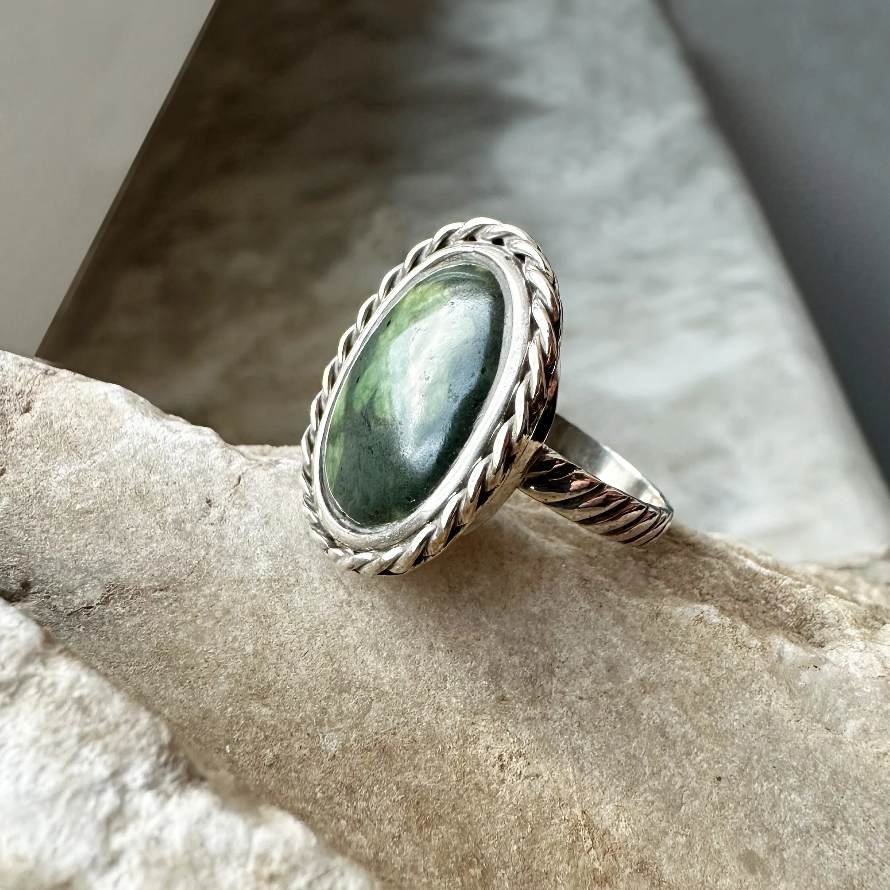 Authentic "Serpentino" Greek Marble Silver Ring