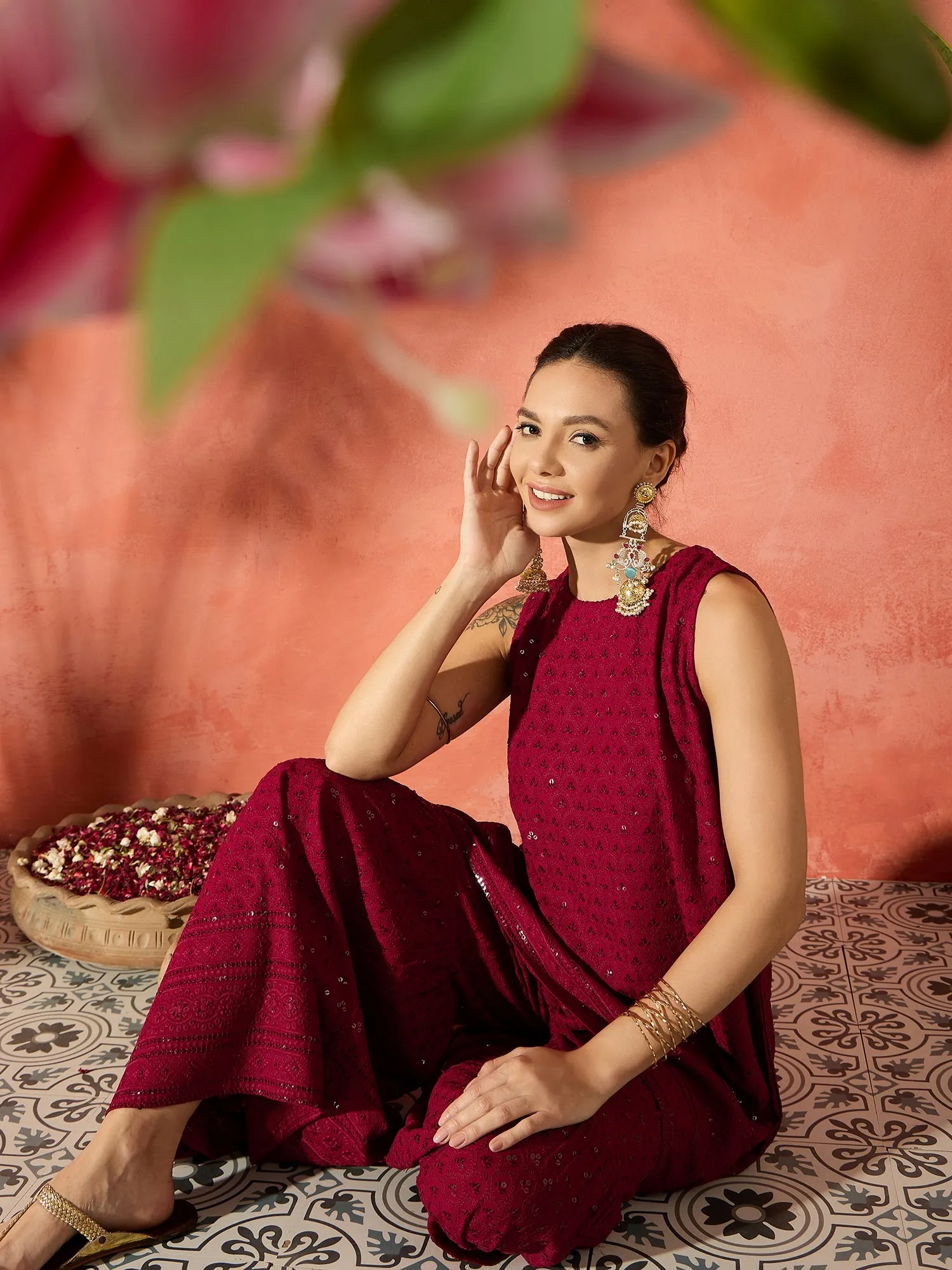 Barn Red Chikankari Short Kurta Set