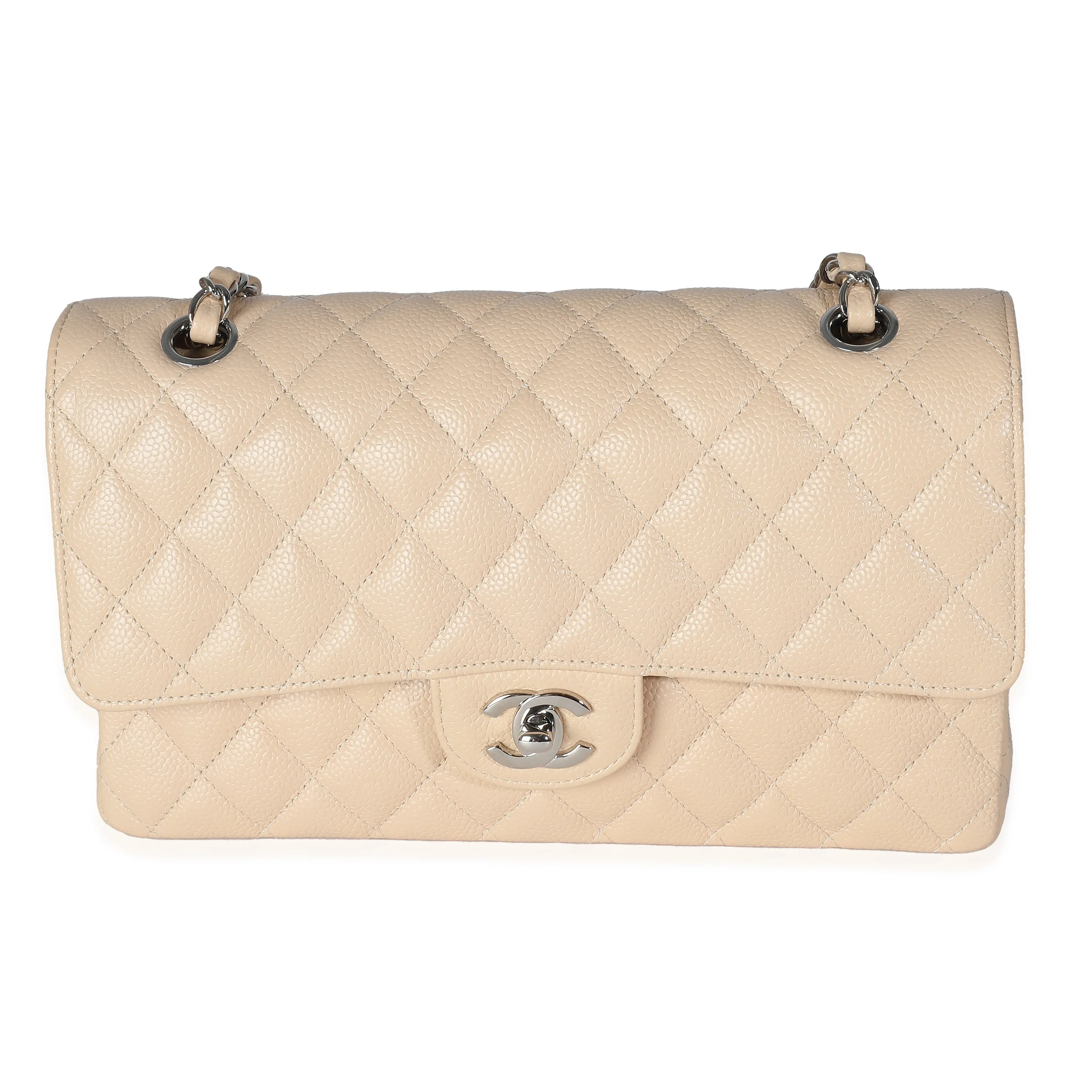 Beige Quilted Caviar Medium Classic Double Flap Bag