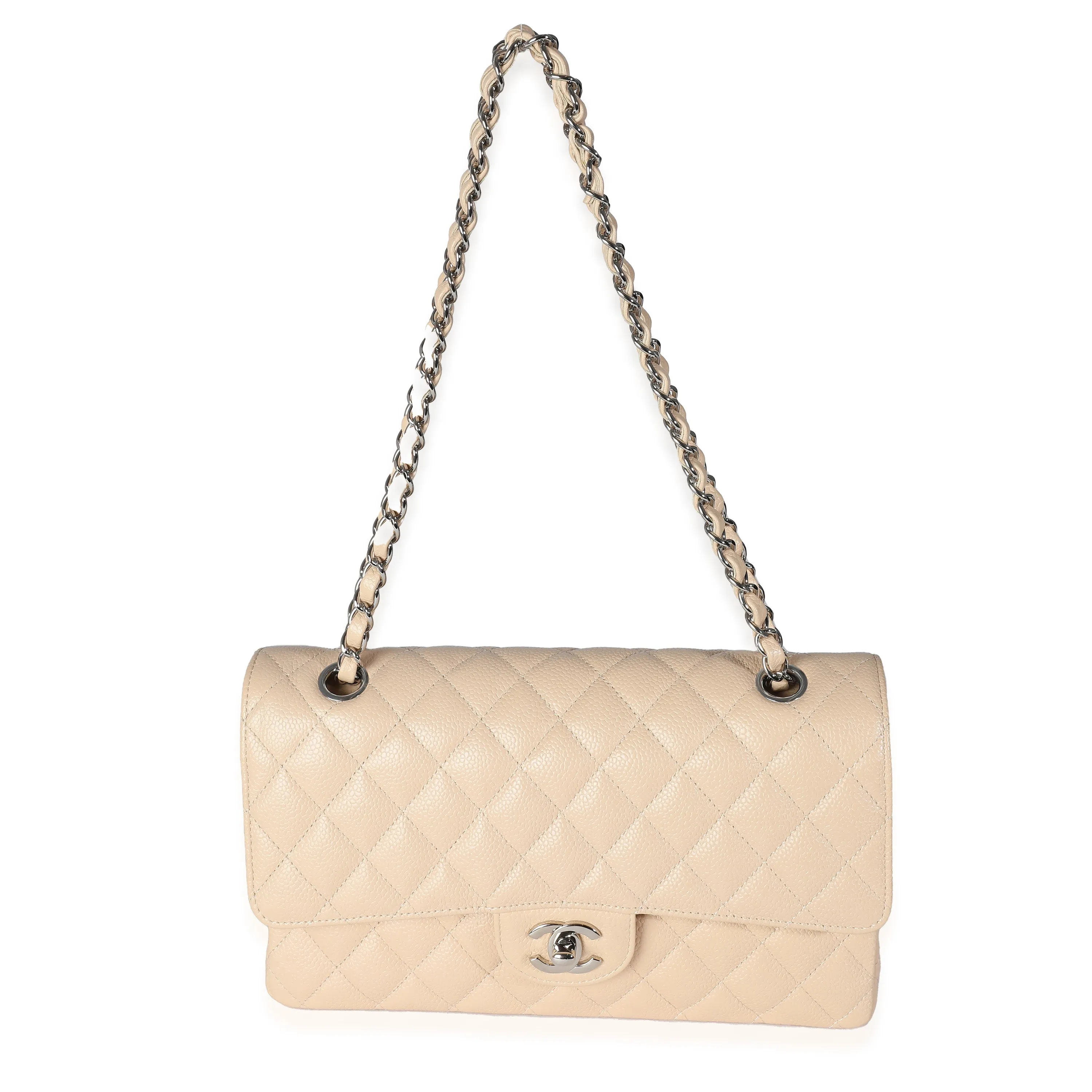 Beige Quilted Caviar Medium Classic Double Flap Bag