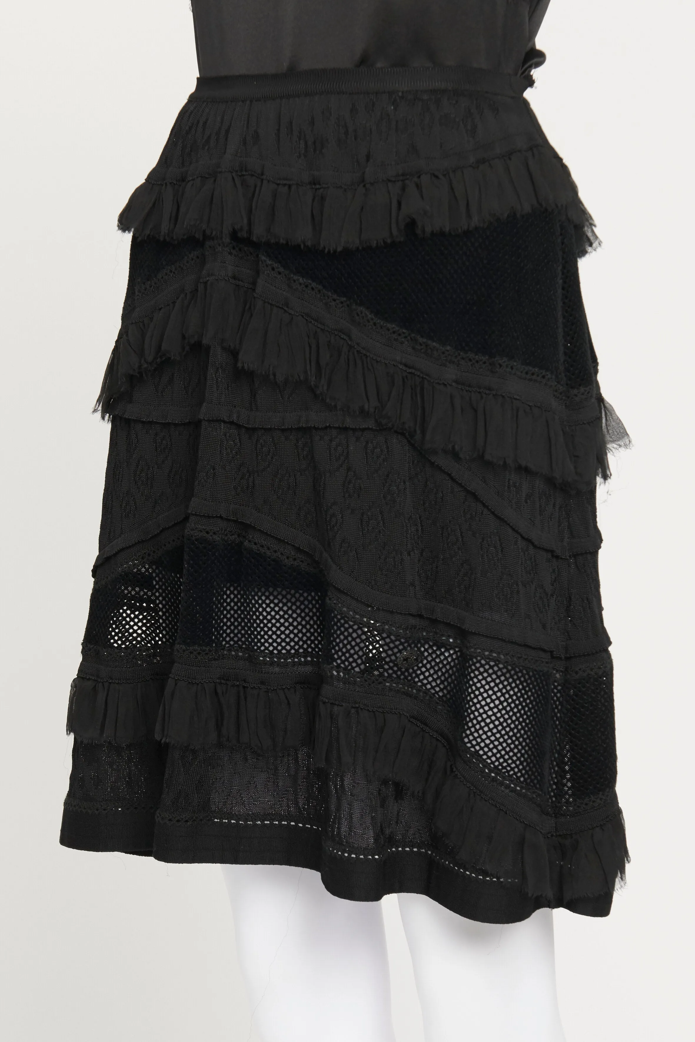 Black Knit Knee Length Skirt With Lace Panels