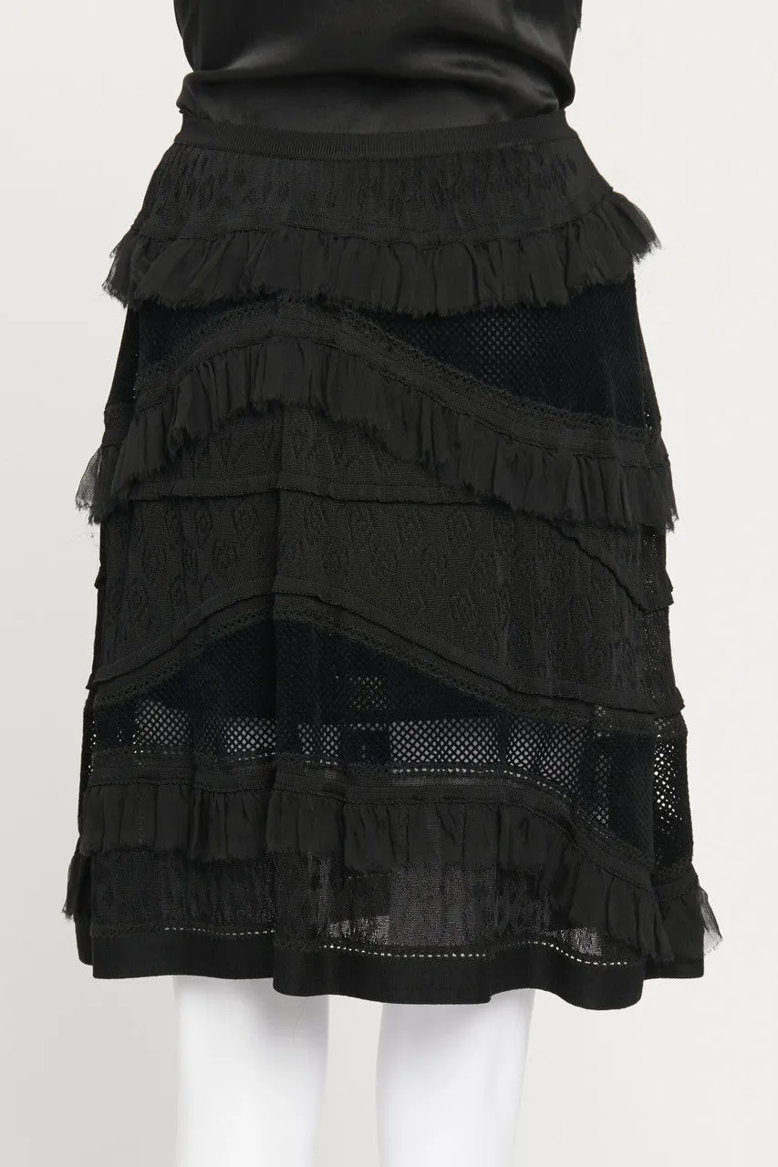 Black Knit Knee Length Skirt With Lace Panels