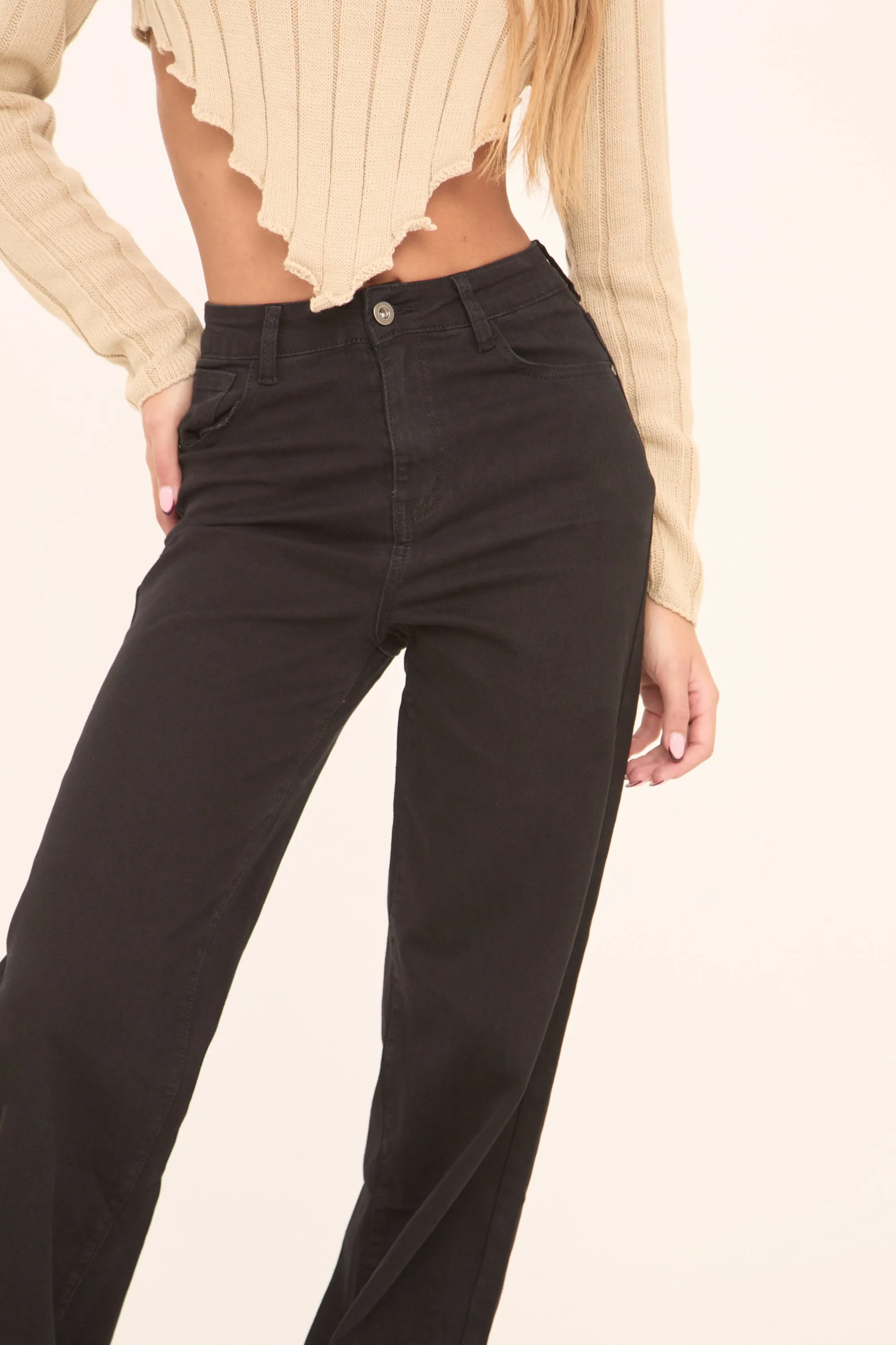 Black Stretch Straight Leg Denim Jeans - Lajoy