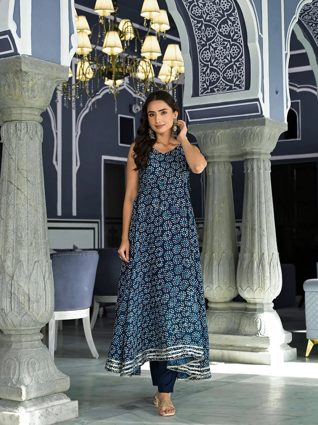 Blue Printed Anarkali Muslin Shoulder Stripe Kurta Trouser with Dupatta Set