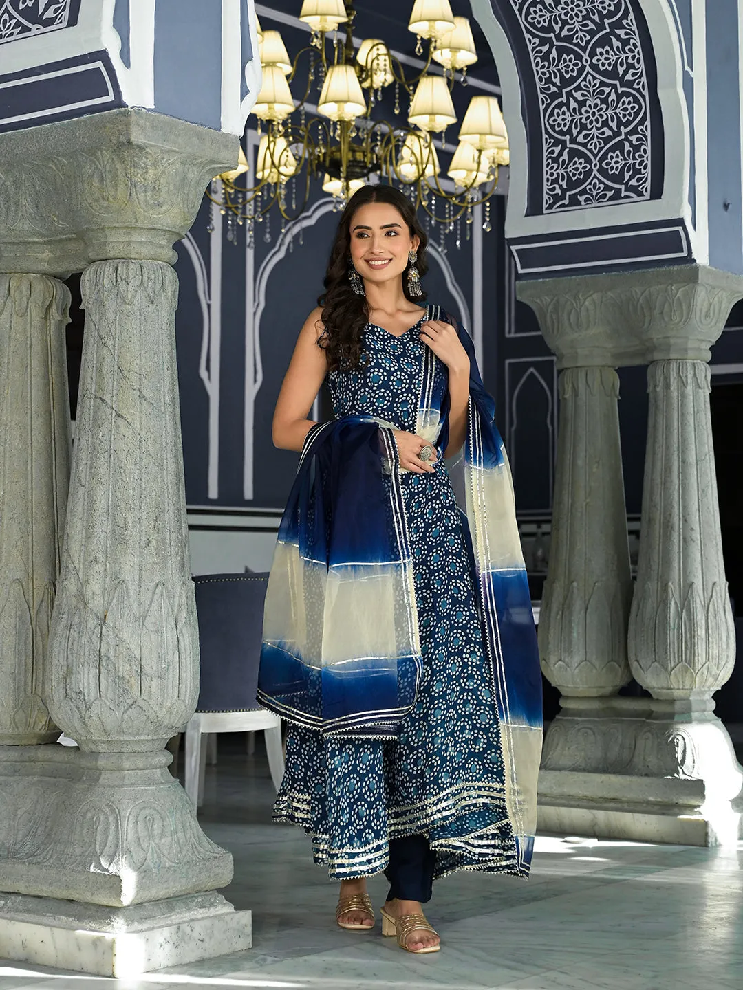 Blue Printed Anarkali Muslin Shoulder Stripe Kurta Trouser with Dupatta Set