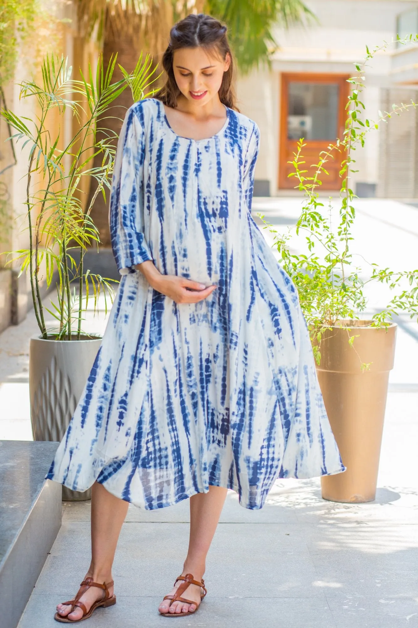 Blue Tie-Dye Cowl Maternity & Nursing Dual Dress Kurta