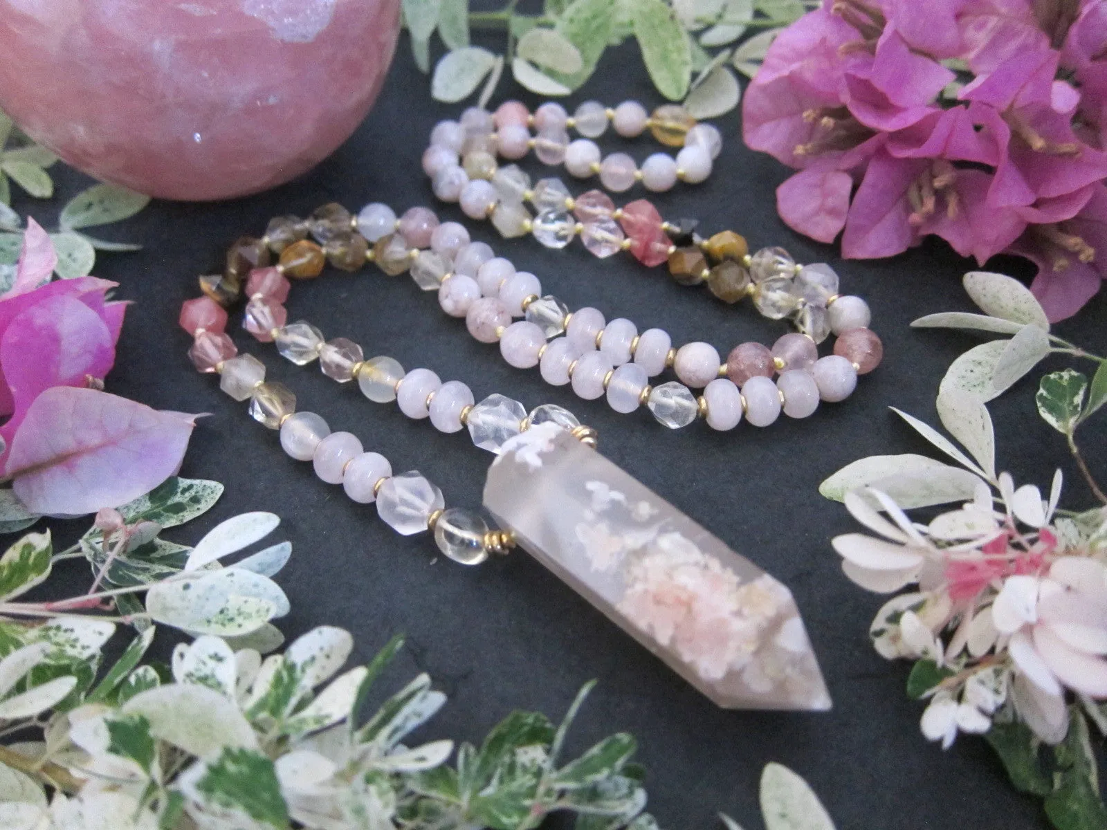 Bohemian Sakura Cherry Blossom Mala Necklace in matching Flower Agate Pendant Point