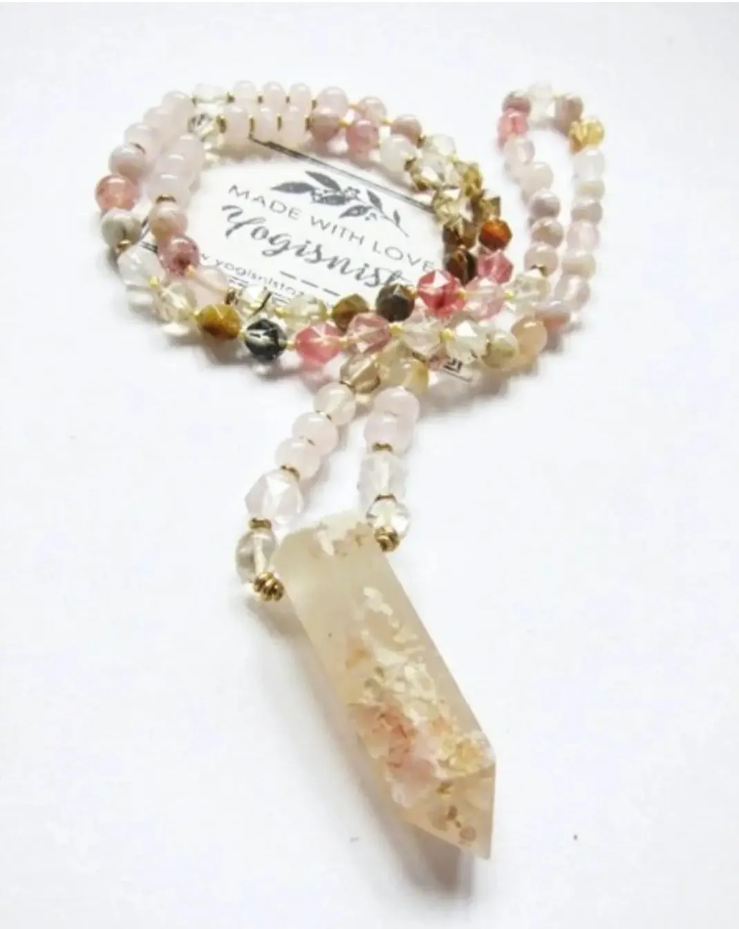 Bohemian Sakura Cherry Blossom Mala Necklace in matching Flower Agate Pendant Point