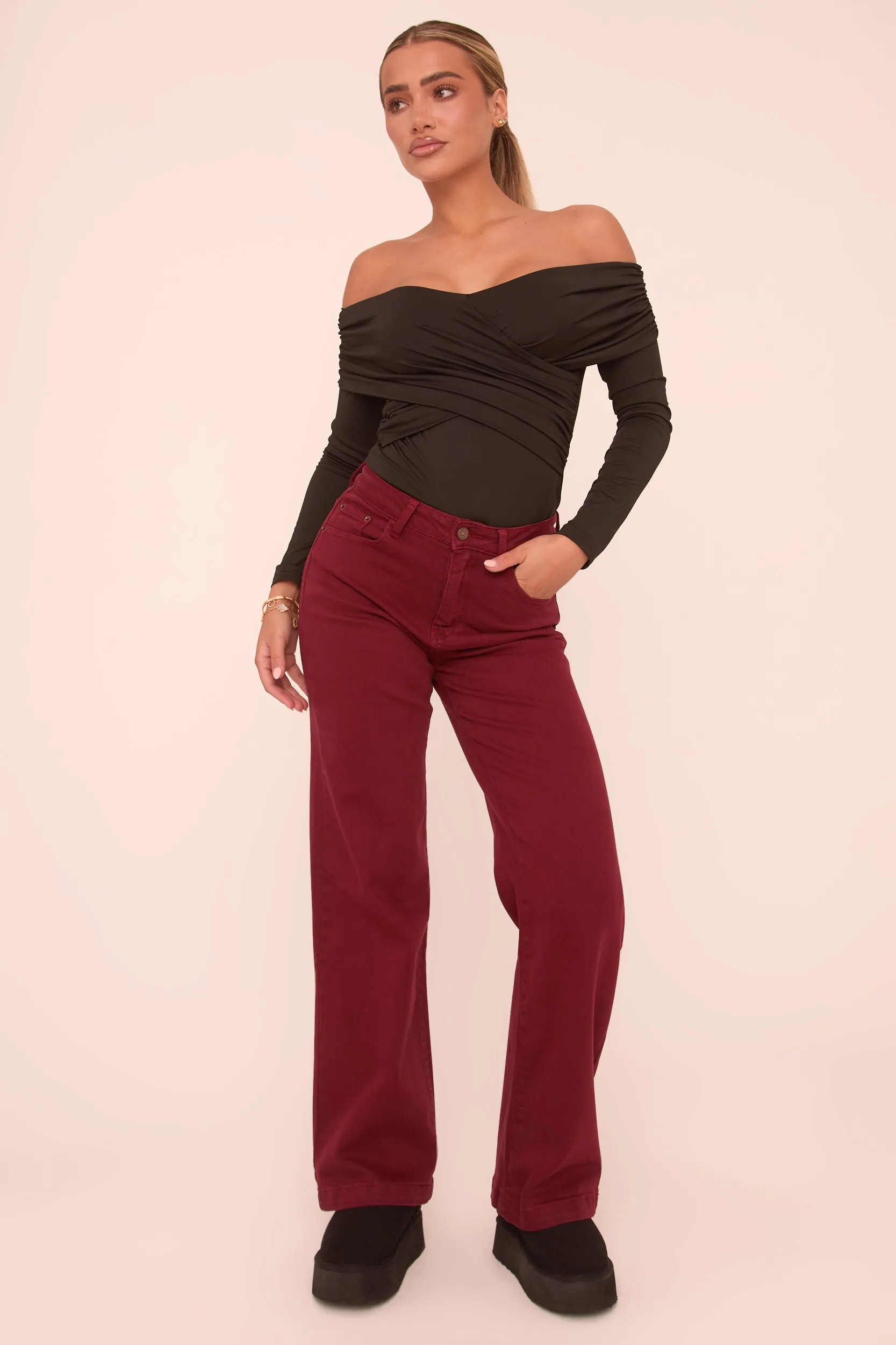 Burgundy Stretch Mid Waist Straight Leg Denim Jeans - Misha