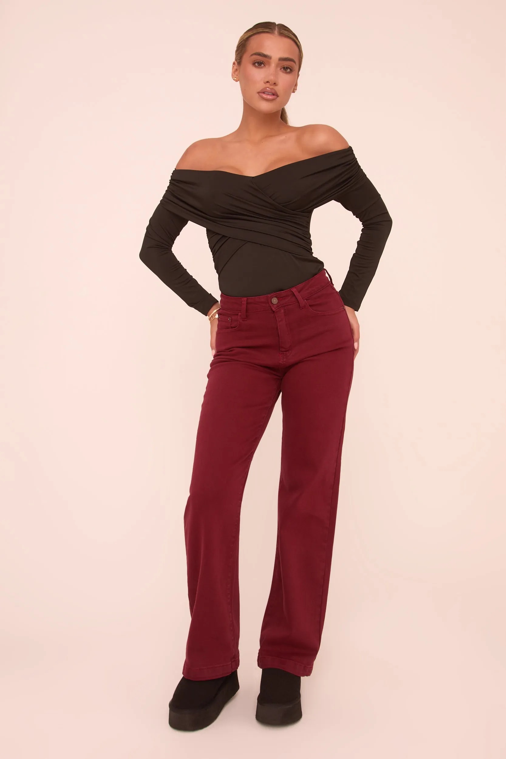 Burgundy Stretch Mid Waist Straight Leg Denim Jeans - Misha