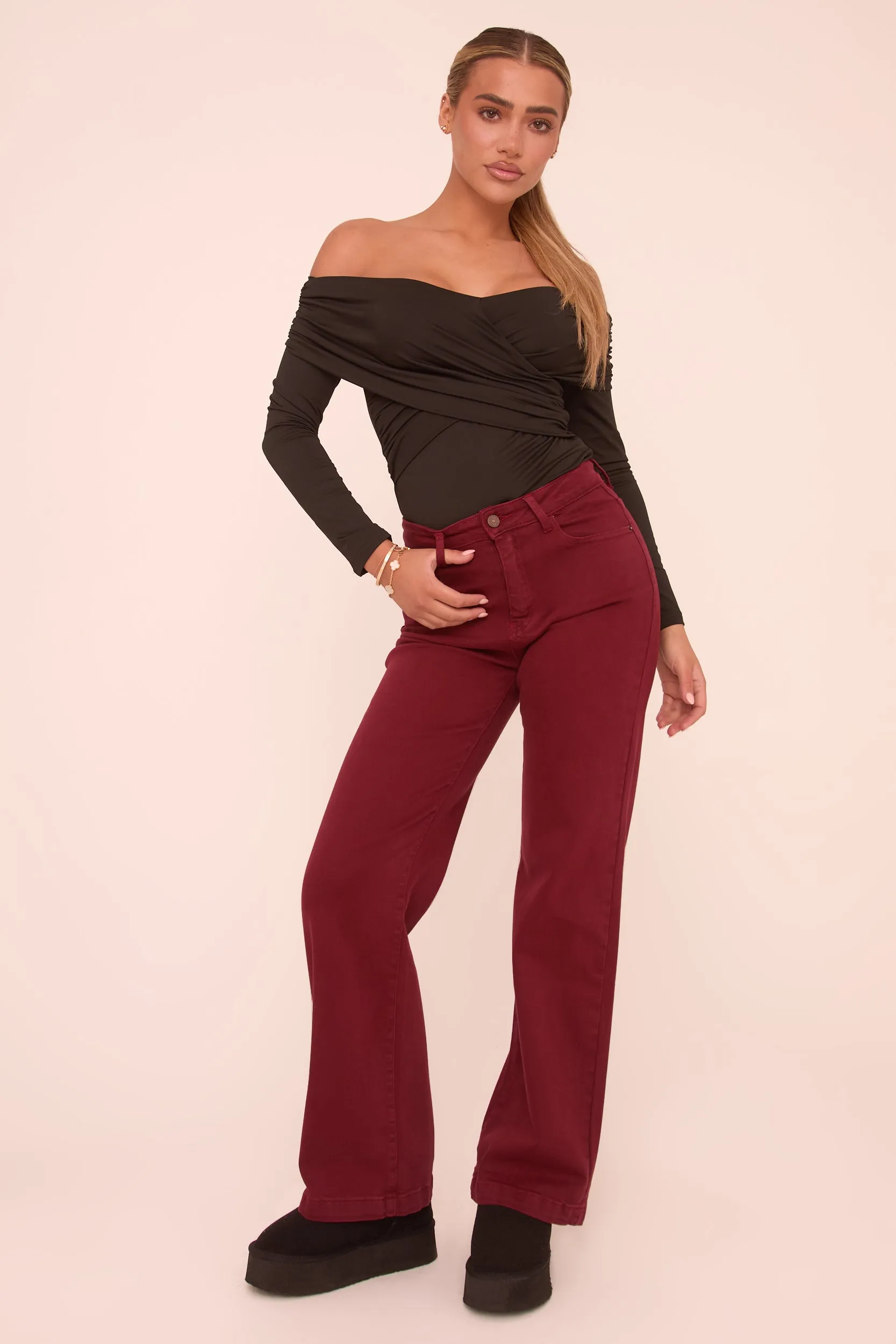 Burgundy Stretch Mid Waist Straight Leg Denim Jeans - Misha