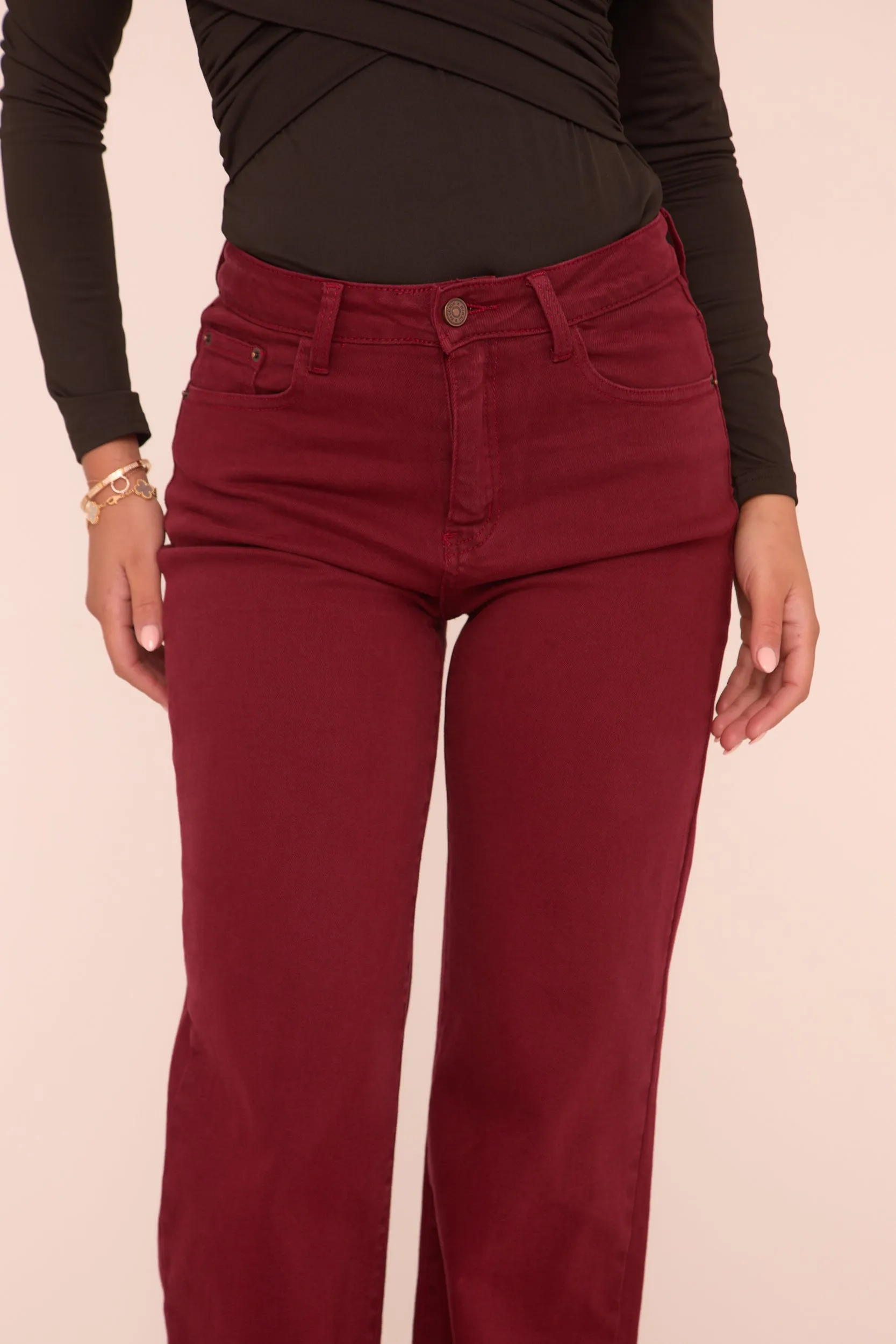 Burgundy Stretch Mid Waist Straight Leg Denim Jeans - Misha