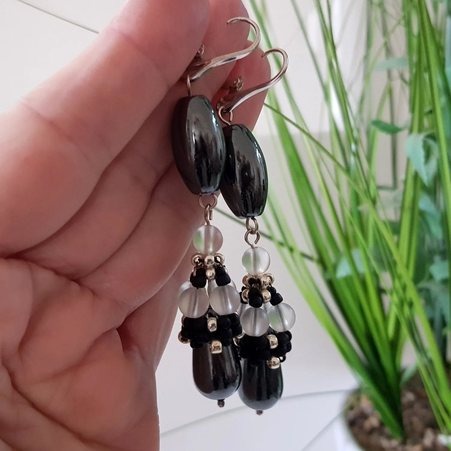 Calming Princess Earrings - Beaded Cap Haematite Long Dangle | KJ-371E | Handmade Earrings