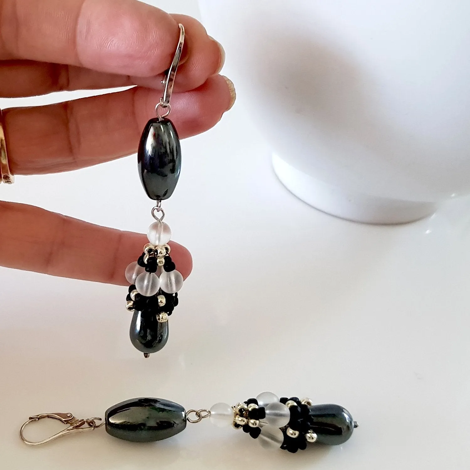 Calming Princess Earrings - Beaded Cap Haematite Long Dangle | KJ-371E | Handmade Earrings