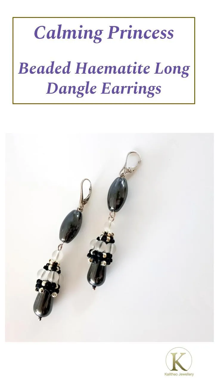 Calming Princess Earrings - Beaded Cap Haematite Long Dangle | KJ-371E | Handmade Earrings