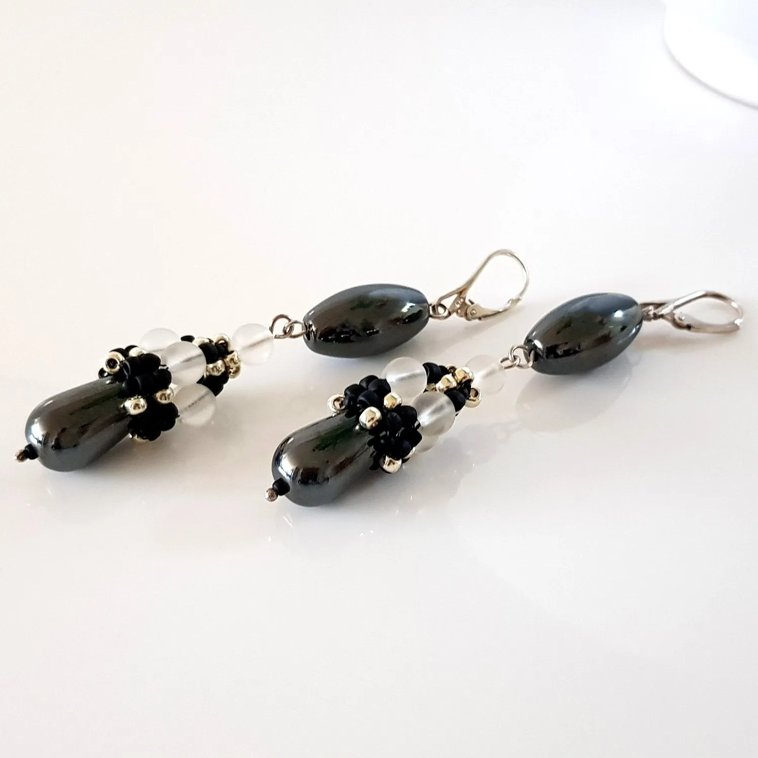 Calming Princess Earrings - Beaded Cap Haematite Long Dangle | KJ-371E | Handmade Earrings