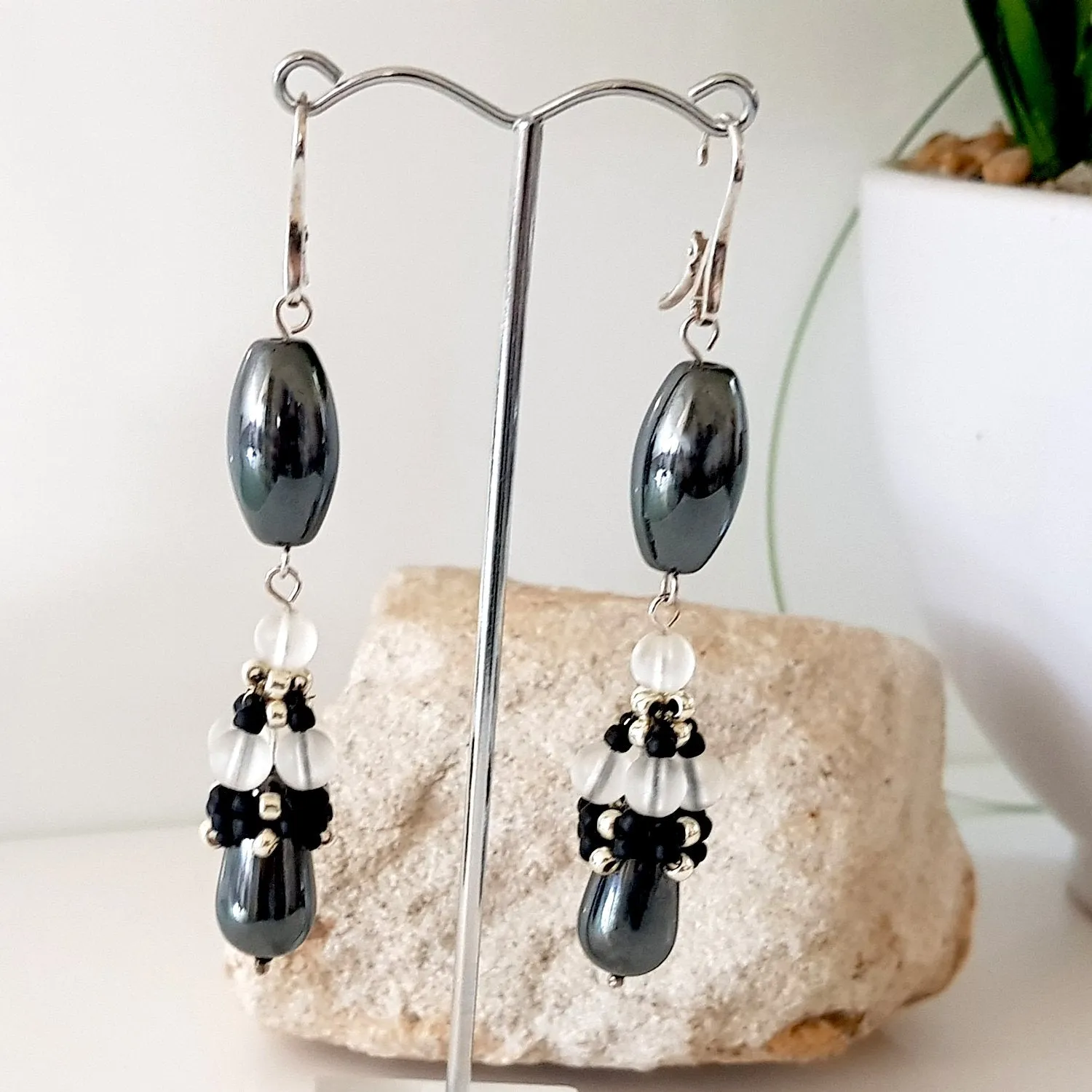 Calming Princess Earrings - Beaded Cap Haematite Long Dangle | KJ-371E | Handmade Earrings