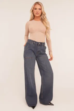 Dark Blue Pocket Detail Wide Leg Jeans - Elena