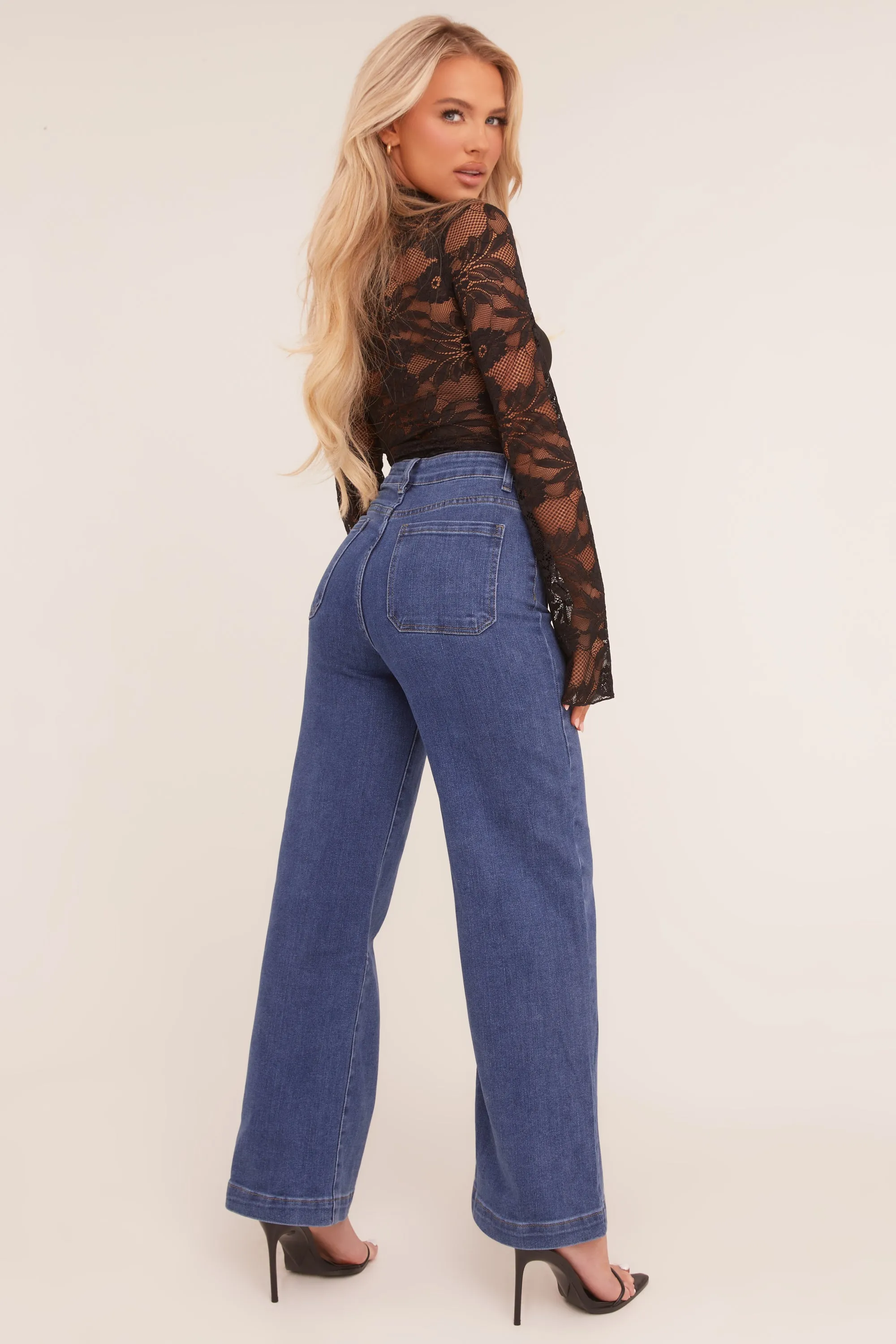 Dark Blue Stretch Pocket Detail Straight Leg Jeans - Harlow