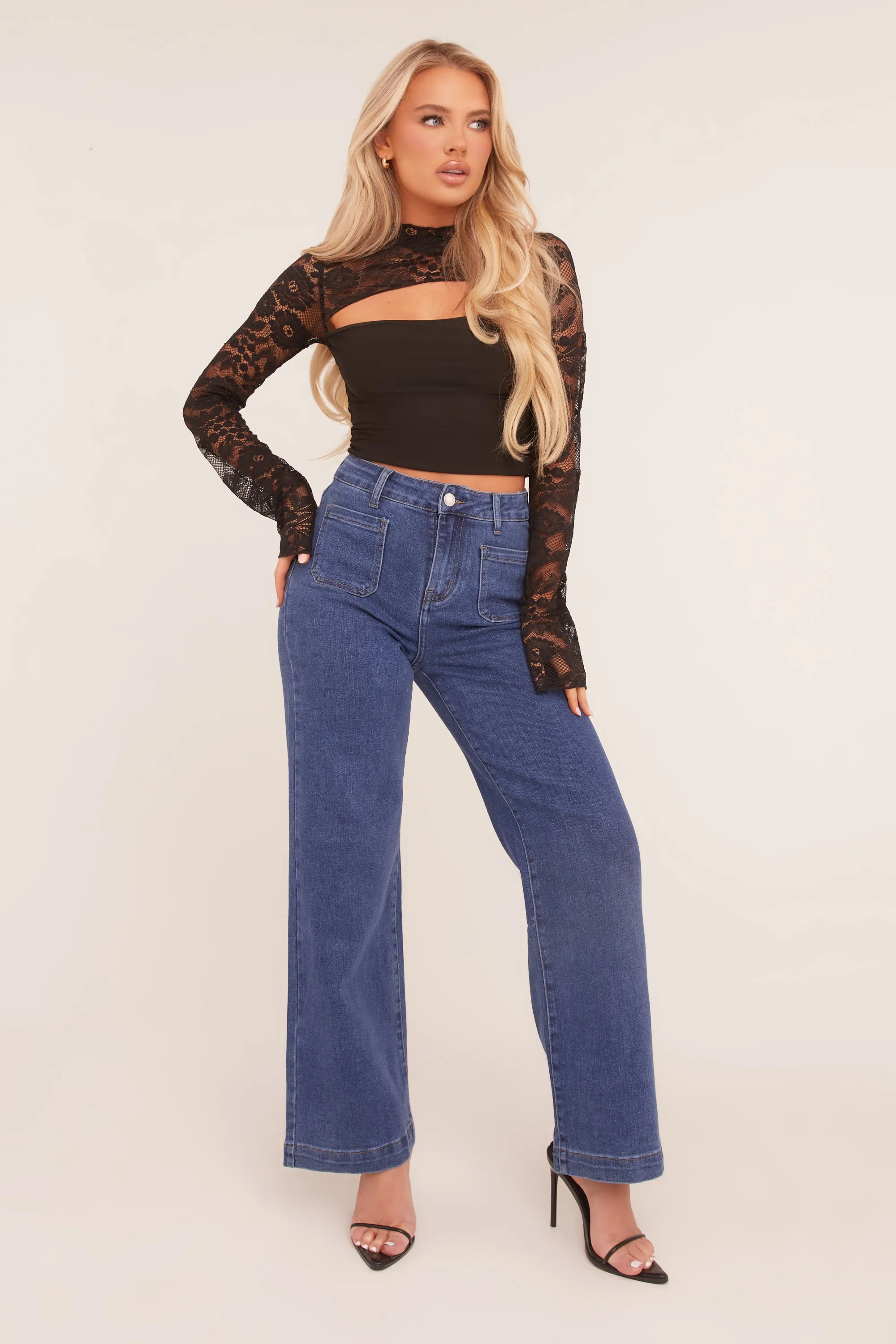 Dark Blue Stretch Pocket Detail Straight Leg Jeans - Harlow