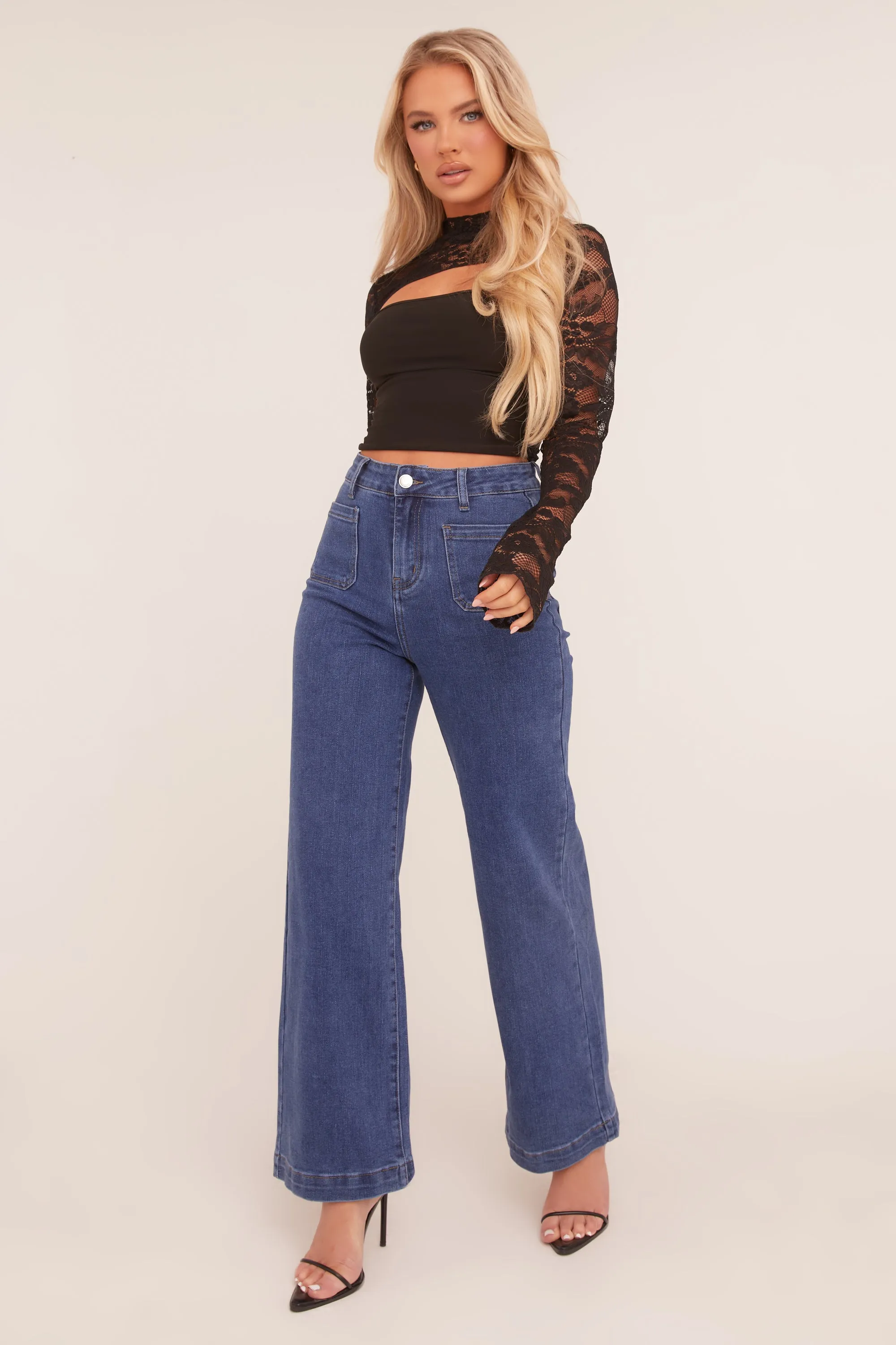 Dark Blue Stretch Pocket Detail Straight Leg Jeans - Harlow