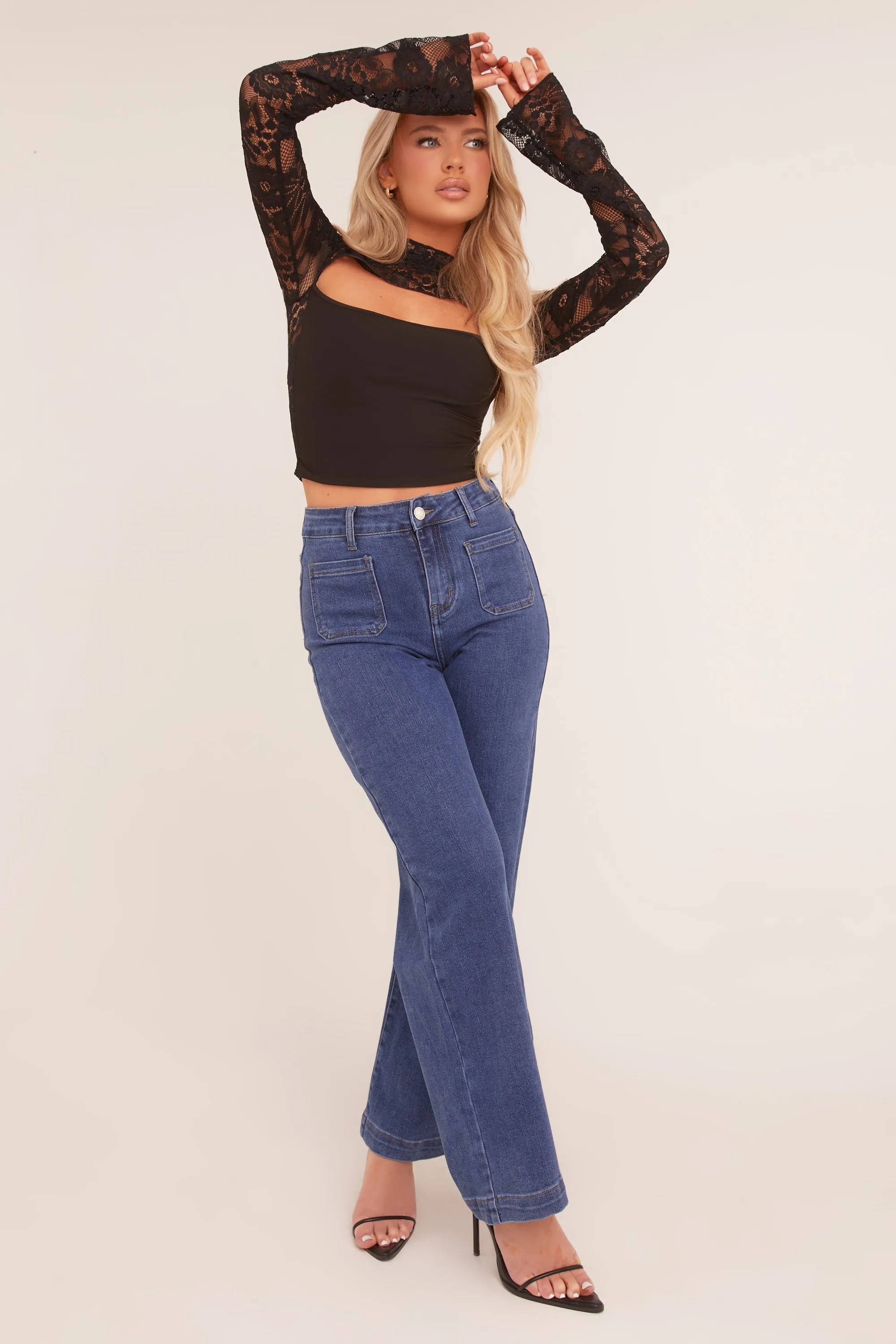 Dark Blue Stretch Pocket Detail Straight Leg Jeans - Harlow