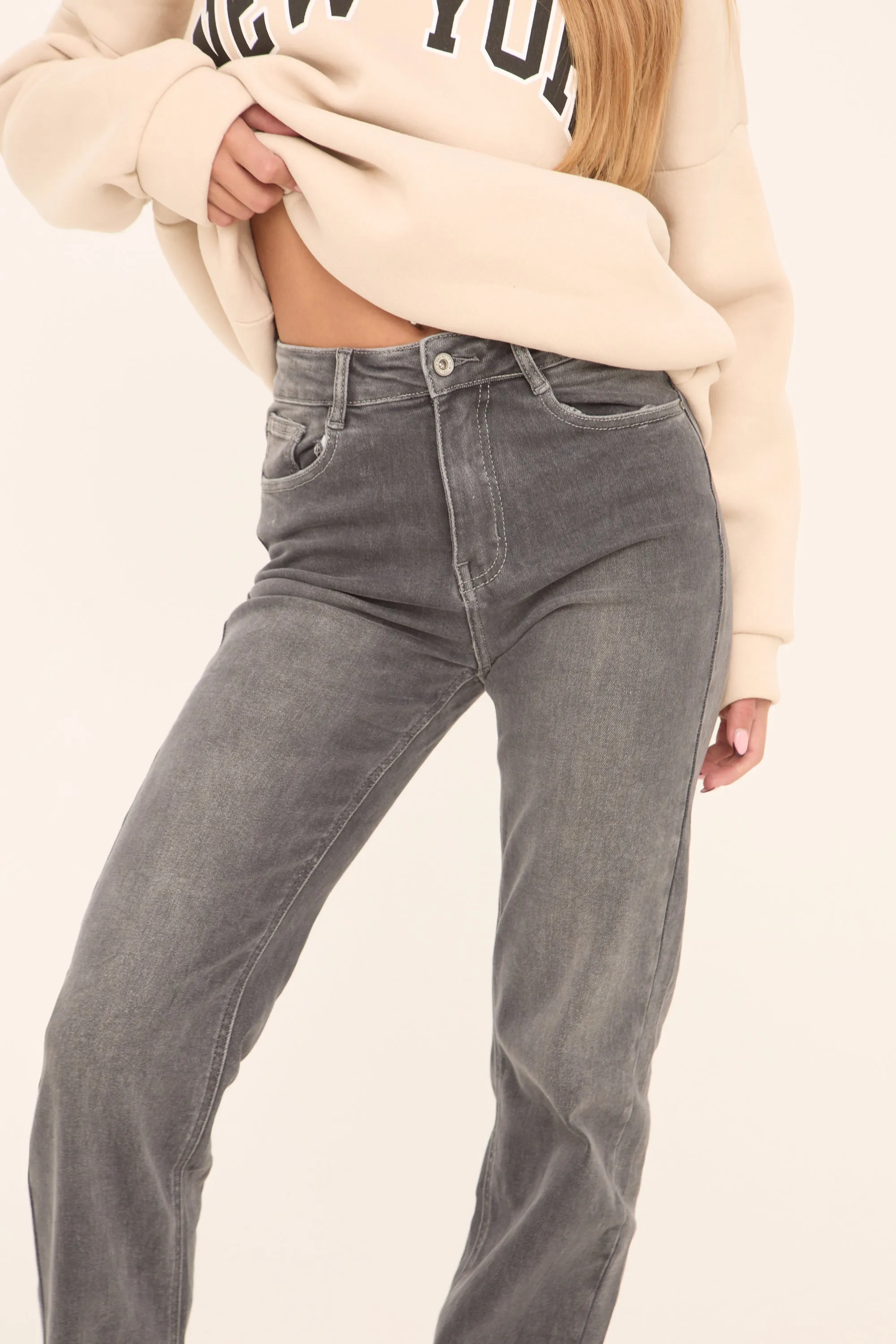 Dark Grey Stretch High Waist Straight Leg Denim Jeans - Rowan