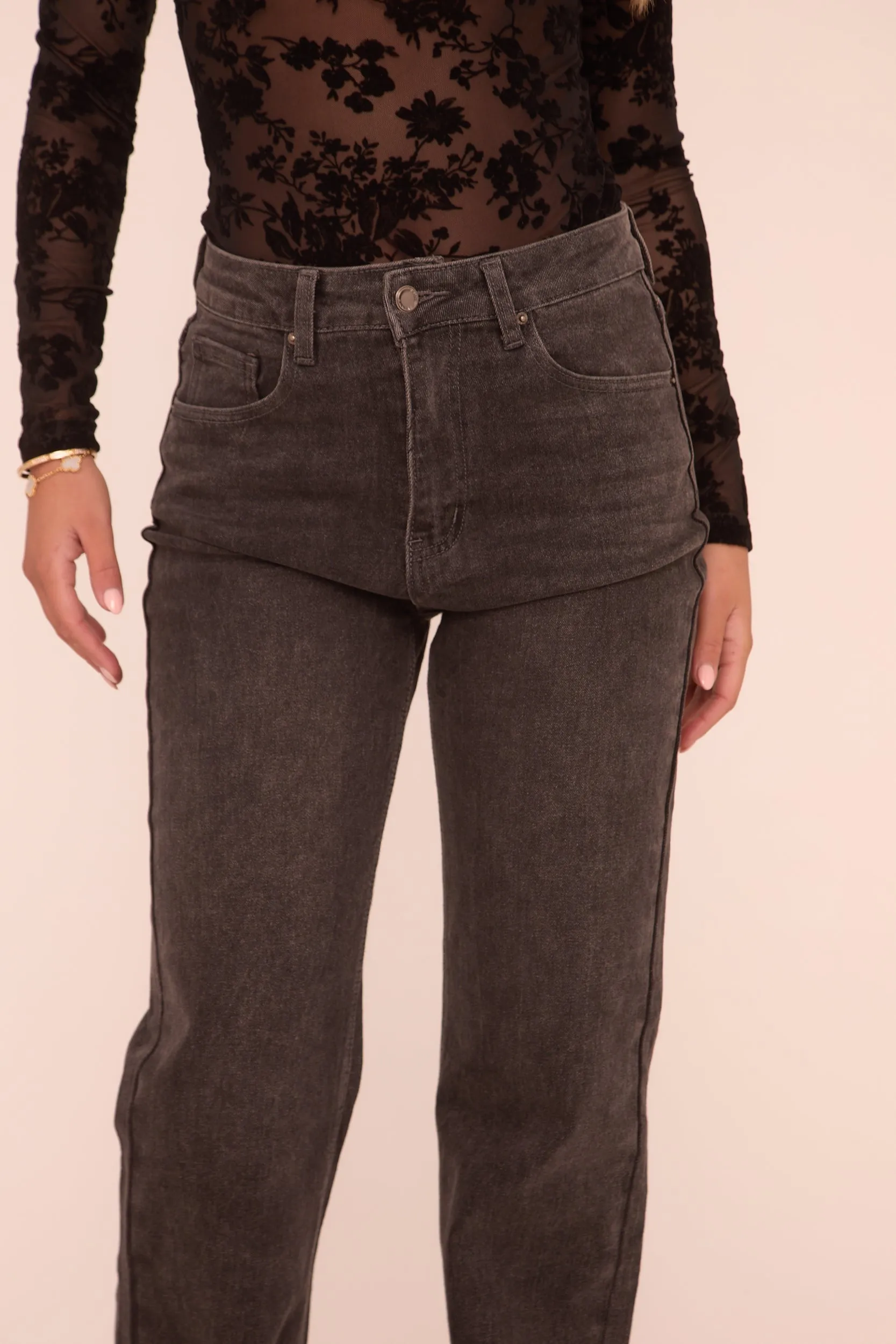 Dark Grey Stretch Mid Waist Straight Leg Denim Jeans - Lorella