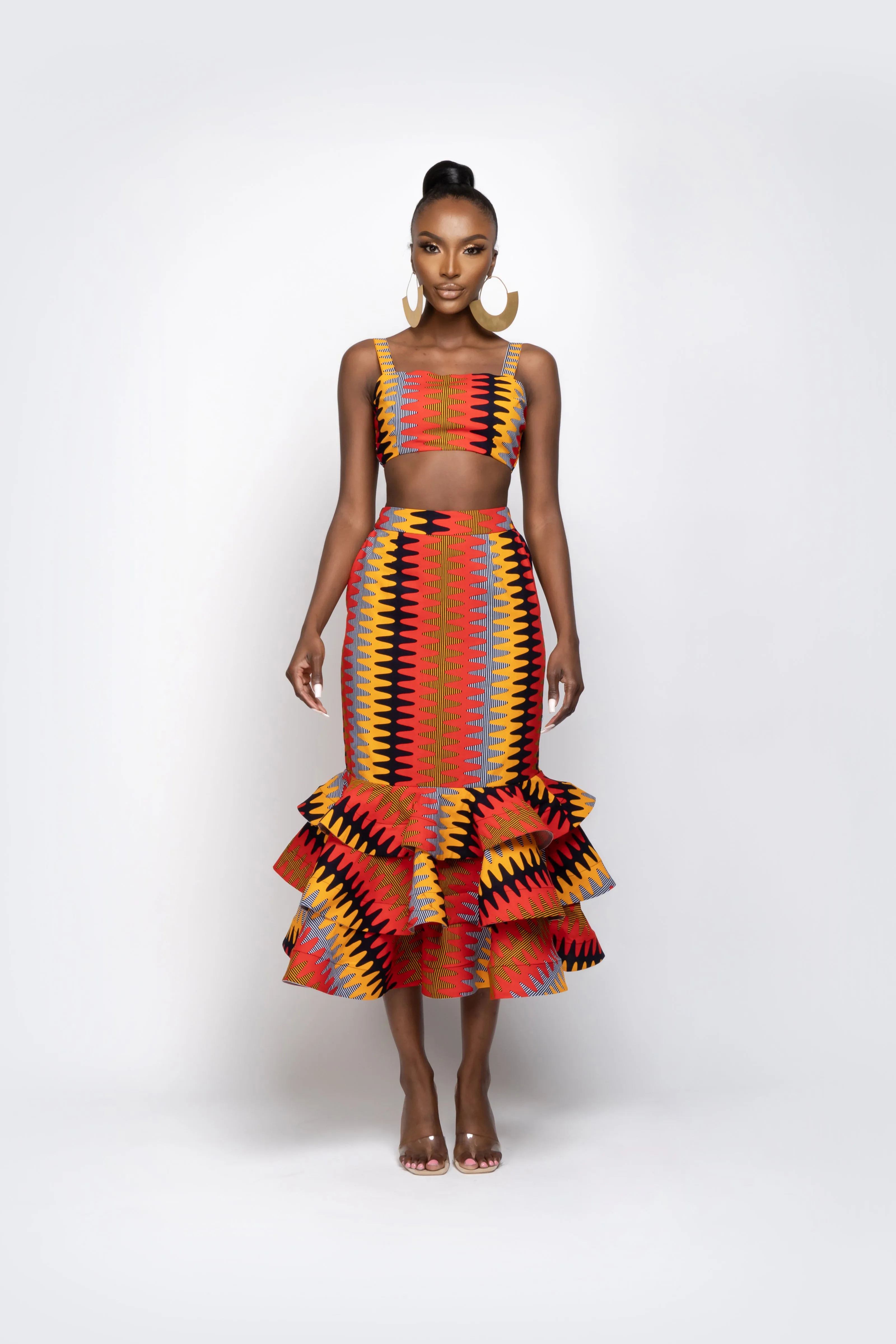 DEMI African Print SET ( Layered Midi Skirt AND Crop Top )