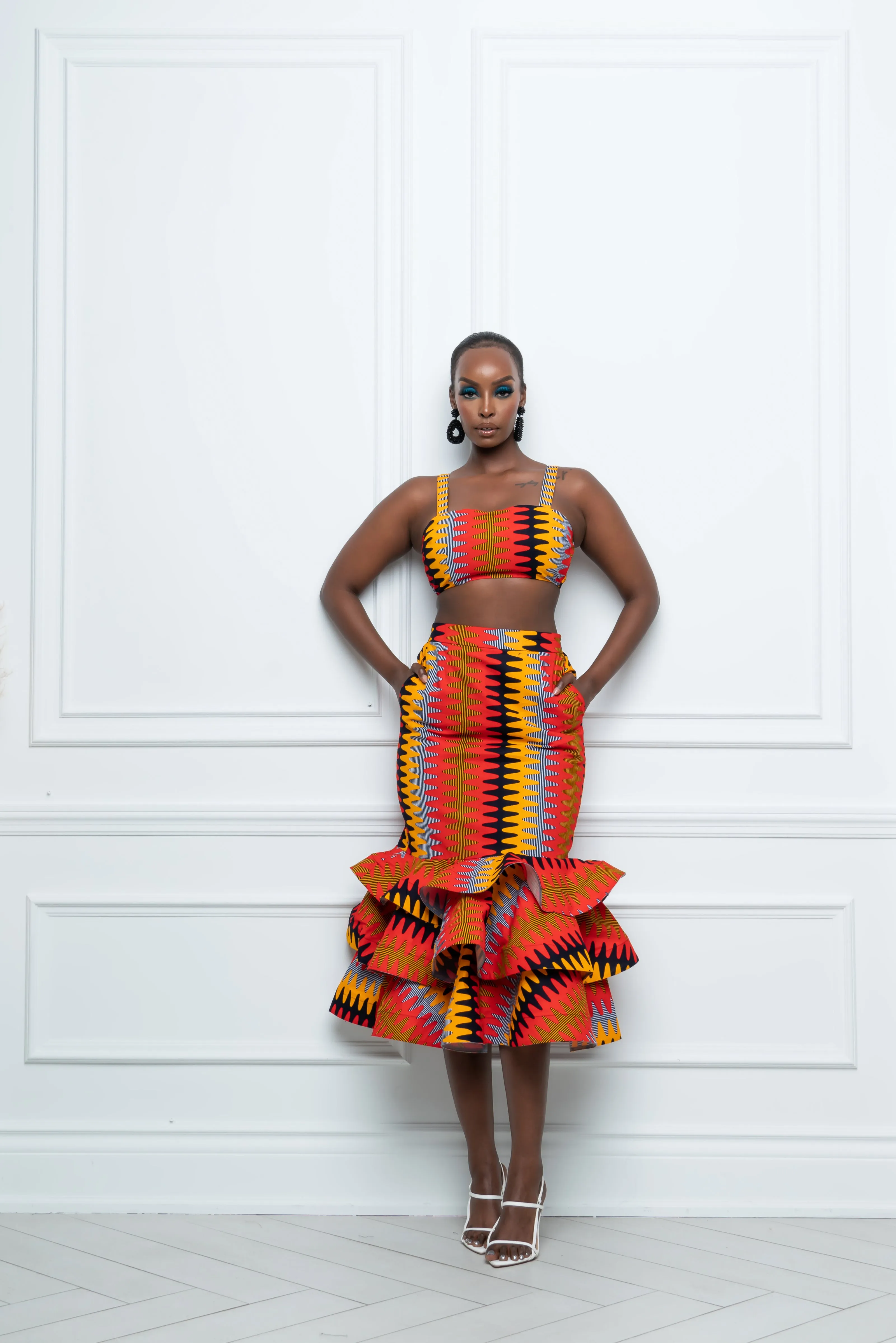 DEMI African Print SET ( Layered Midi Skirt AND Crop Top )