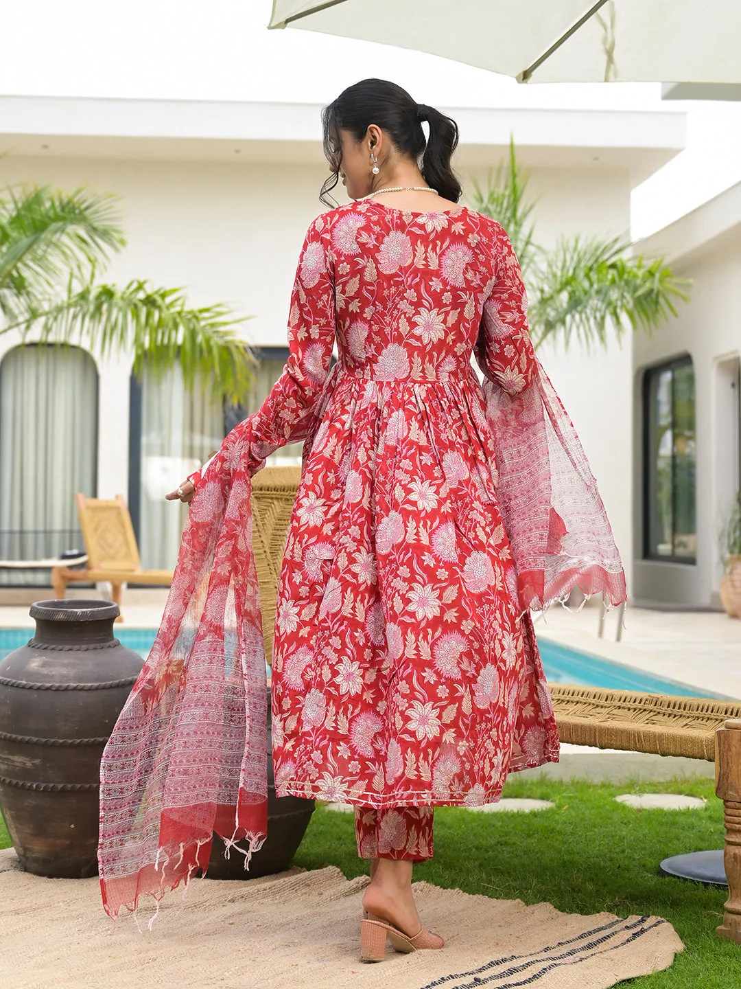 Floral Printed Red Cotton Alia Cut Kurta Set for women