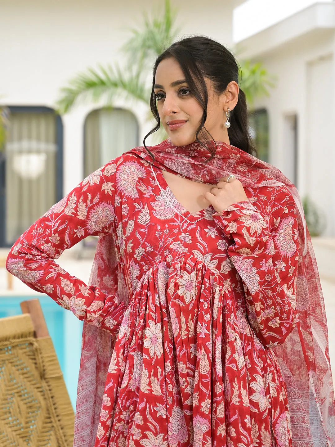 Floral Printed Red Cotton Alia Cut Kurta Set for women