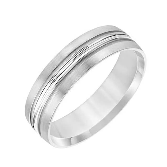 Goldman 6MM Men's Flat Wedding Band in Platinum with Satin Finish and Ribbed High Polished Center