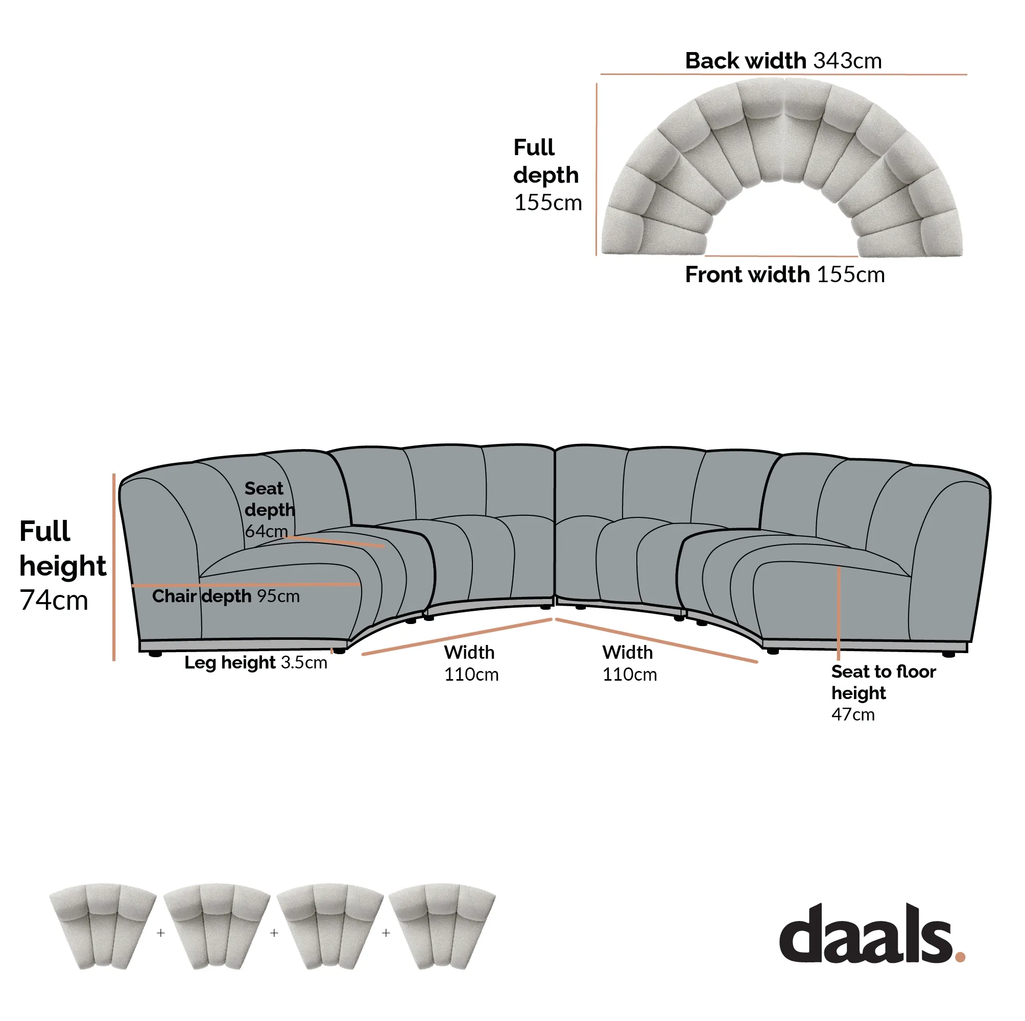 Granvia Ecru Boucle Modular Sofa, 4-Seater Half Circle Sofa