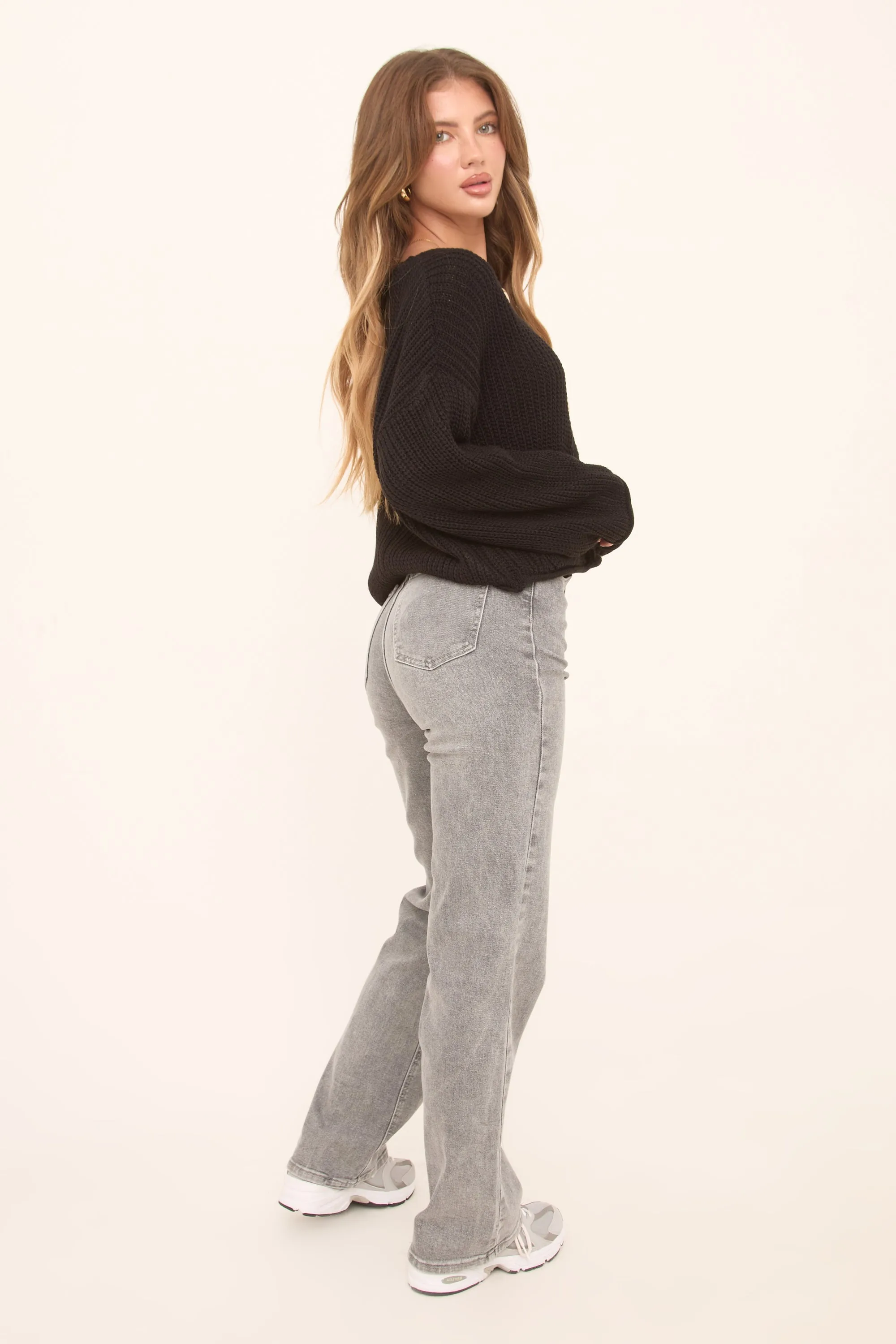 Grey Stretch Mid Waist Straight Leg Denim Jeans - Phoenix