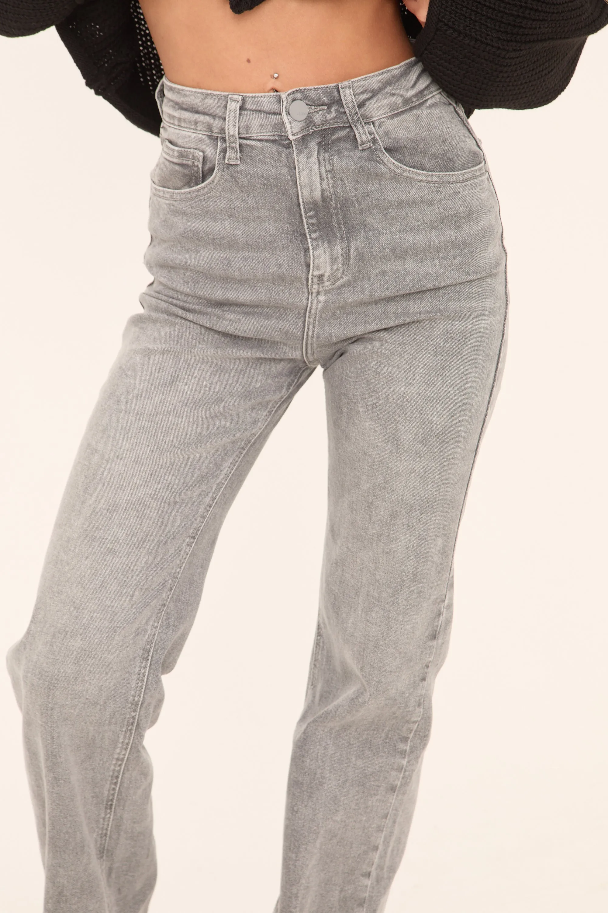 Grey Stretch Mid Waist Straight Leg Denim Jeans - Phoenix