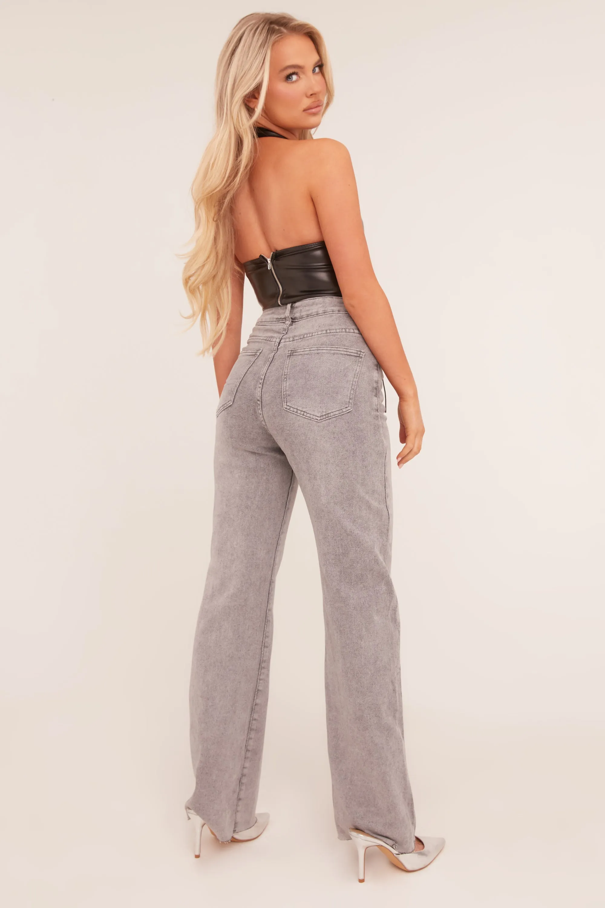 Grey Stretch Straight Leg Frayed Hem Jeans - Scarlett