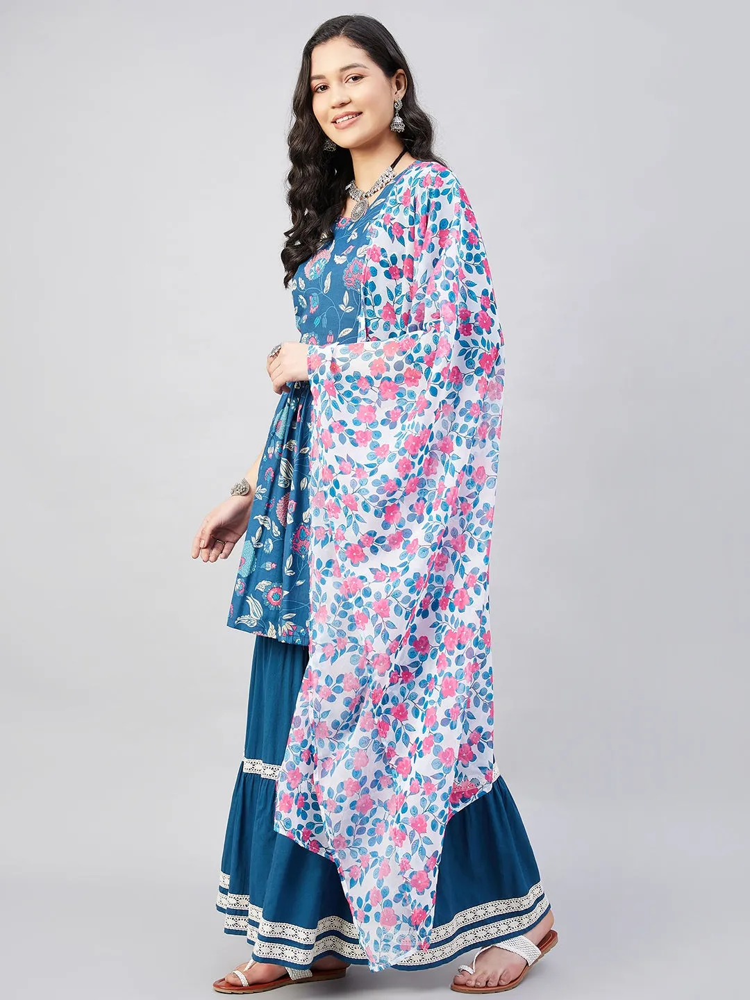 Indigo Boota Sharara Set White Blue Pink GE Dupatta