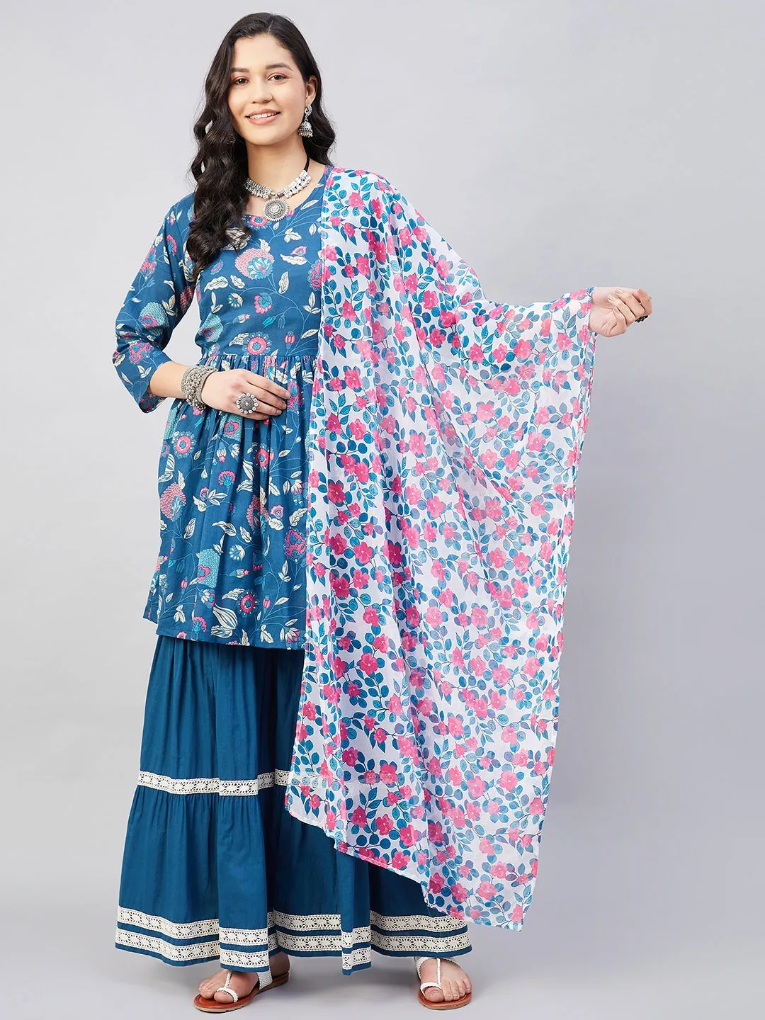 Indigo Boota Sharara Set White Blue Pink GE Dupatta