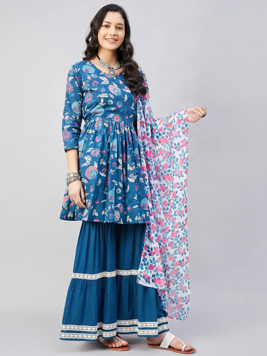 Indigo Boota Sharara Set White Blue Pink GE Dupatta