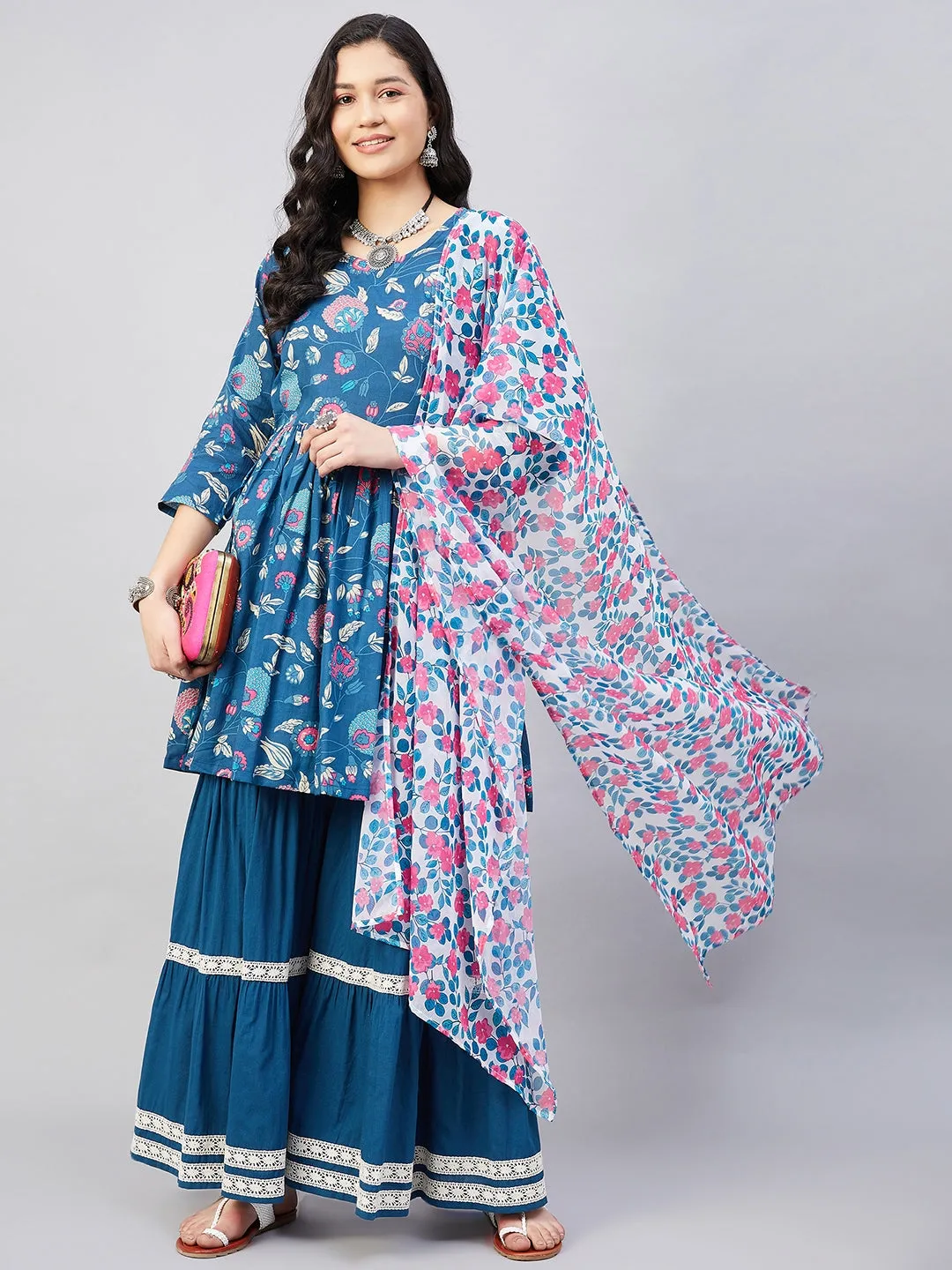 Indigo Boota Sharara Set White Blue Pink GE Dupatta