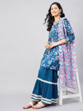 Indigo Boota Sharara Set White Blue Pink GE Dupatta